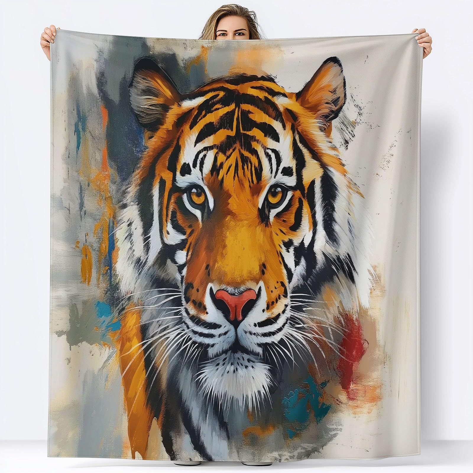 Générique Koc w kratę 150 x 200 cm, obraz olejny tygrysy, bardzo miękki koc flanelowy z nadrukiem, narzuta na sofę premium dla nastolatków i dorosłych, beżowy