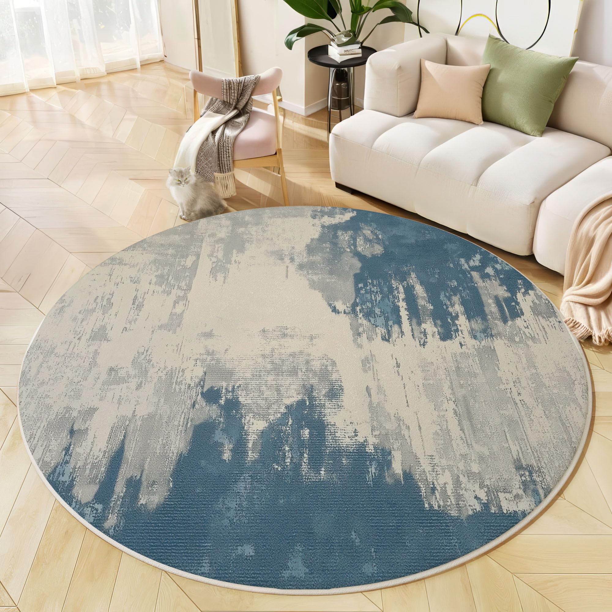 Tapis antidérapant gris bleu 100 cm : moquette ronde lavable pour salon et séjour