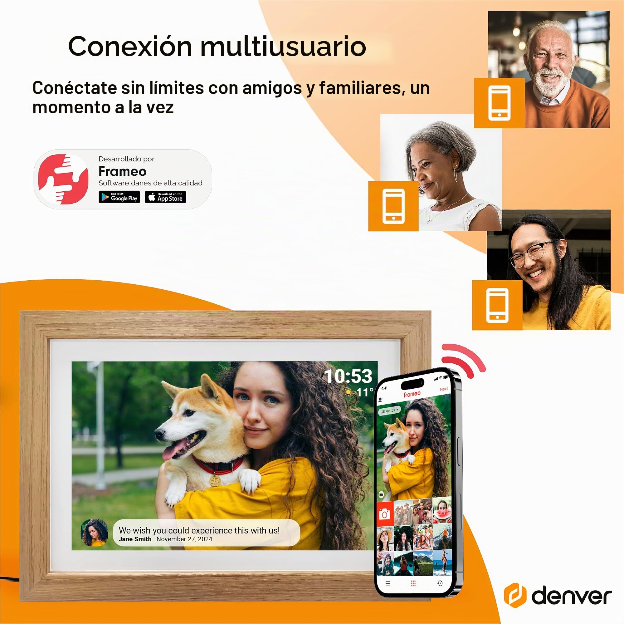 Denver Frameo Marco Digital WiFi 15,6 Pulgadas, Pantalla Full HD IPS táctil 1920 x 1080, 16 GB, App Frameo, Color Madera Clara