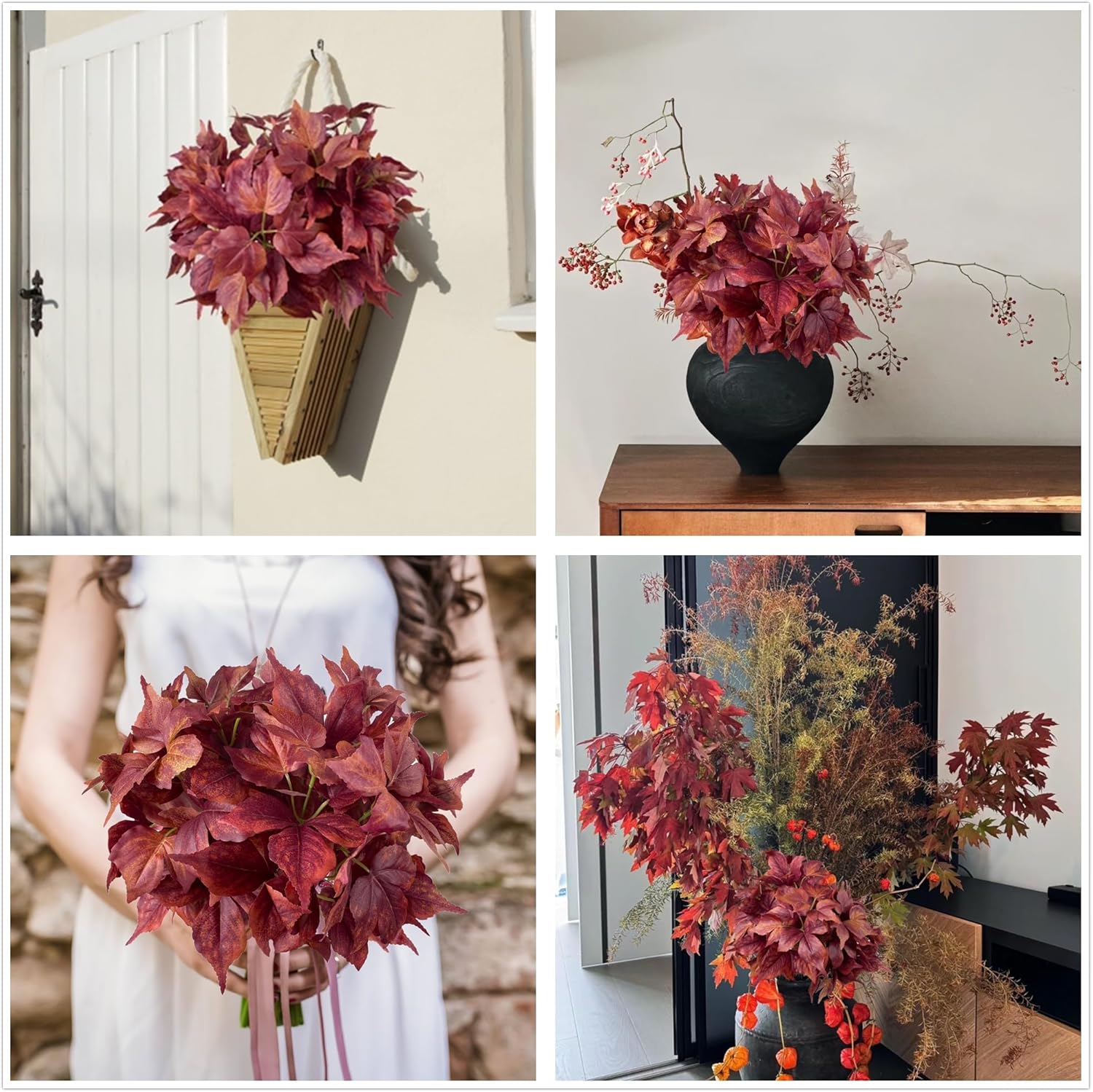 Pack of 3 - Artificial Fall Ivy Leaves Shrubs Silk Maple Creeper Plant Greenery Bushes for Autumn Decor, Indoor Outdoor Home Garden Thanksgiving Party (Marsala Red)