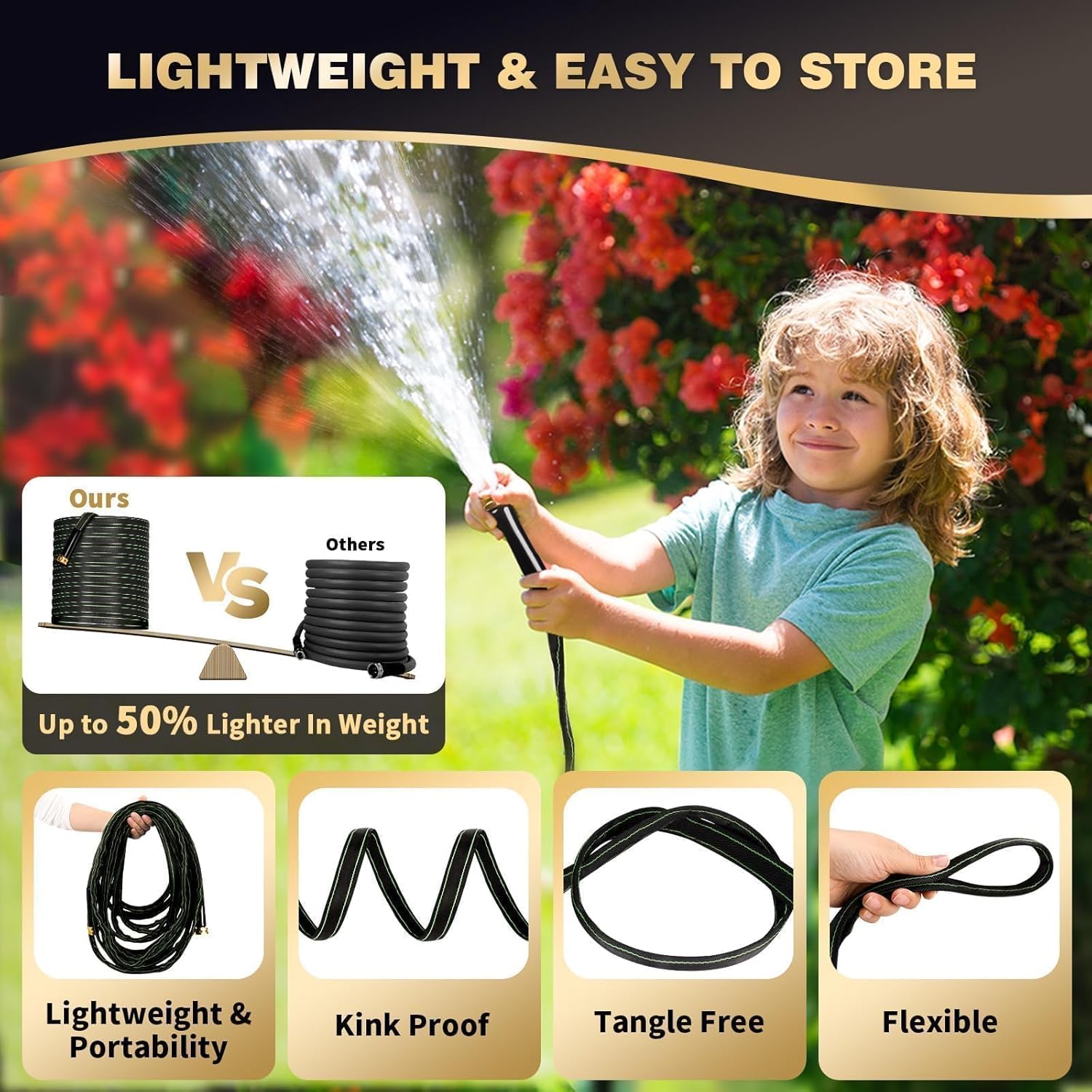 Garden Hose 100 ft Water Hose Flexible Heavy Duty Outdoor Lightweight No Kink Long Non-Expandable High Pressure Flat Hoses Pipe 100’ Strong 3/4’’ Brass Fitting for Outside Yard Lawn Car Wash