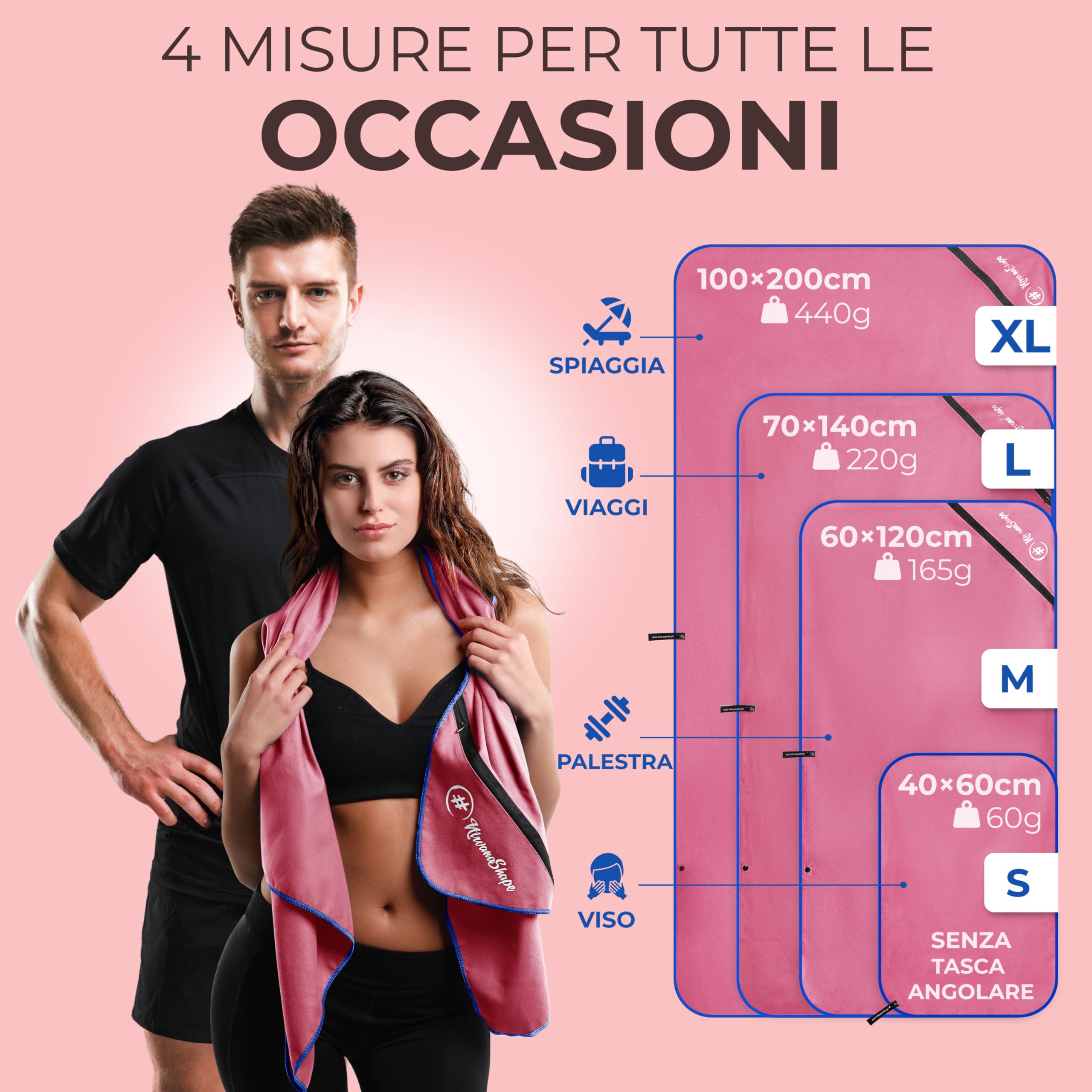 NirvanaShape Microfibra - Asciugamano da Viaggio, per Spiaggia, Sport, L 140 x 70 cm