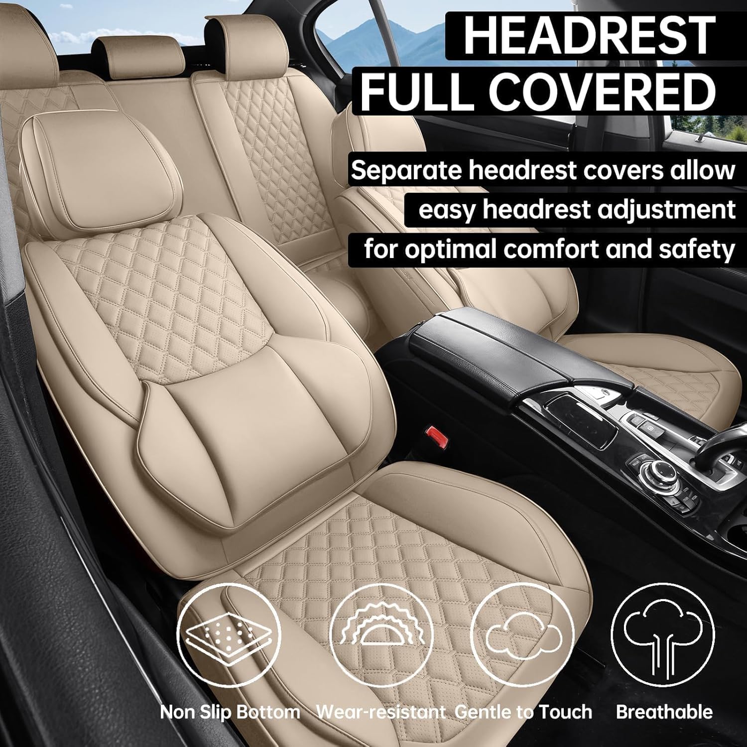 Car Seat Covers, Luxury Faux Leather Waterproof Non-Slip Seat Protector Universal Fit for Most Cars SUVs Trucks Pick-ups,Car Interior Accessories (Beige, Full Set)