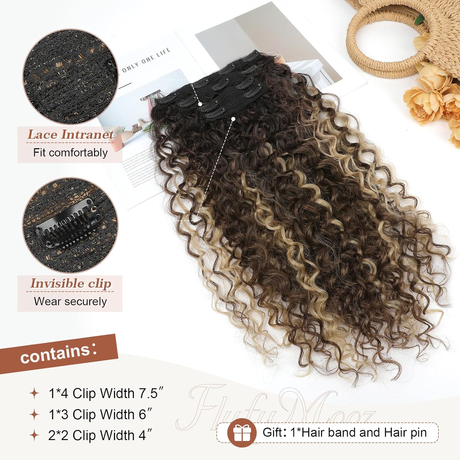 Clip in Hair Extensions, FLUFYMOOZ 4PC 100% Pure Protein Silk Hair Extensions Long Soft Natural Hairpiece 20 Inch Curly Hair Extension for Women (Medium Brown Ash Blonde Highlight) - Image 4