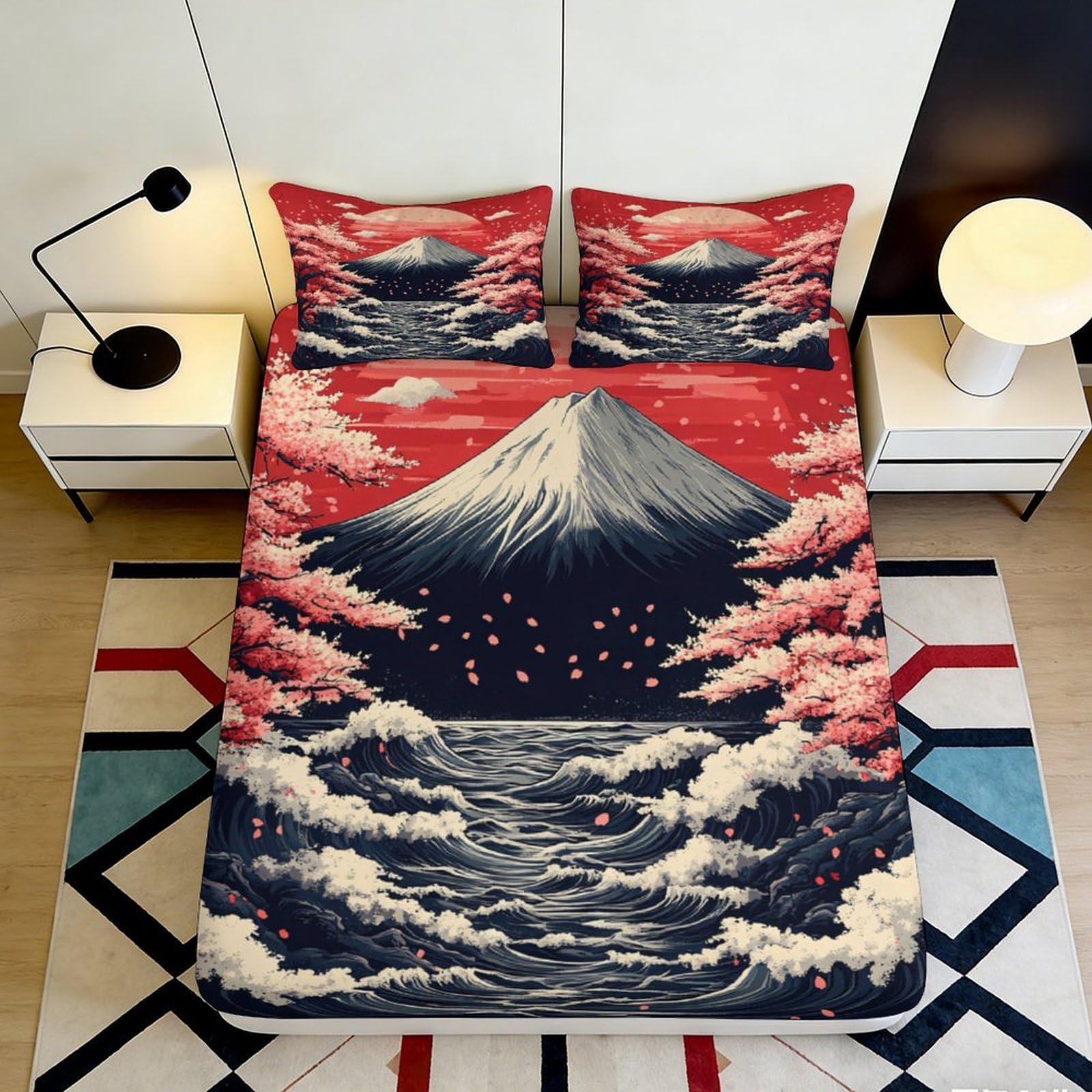 3D Printed Mount Fuji Sakura Fitted Sheet Microfiber Wave Landscape Bed Cover for Bedroom Guest Room Decor 90x200x25cm
