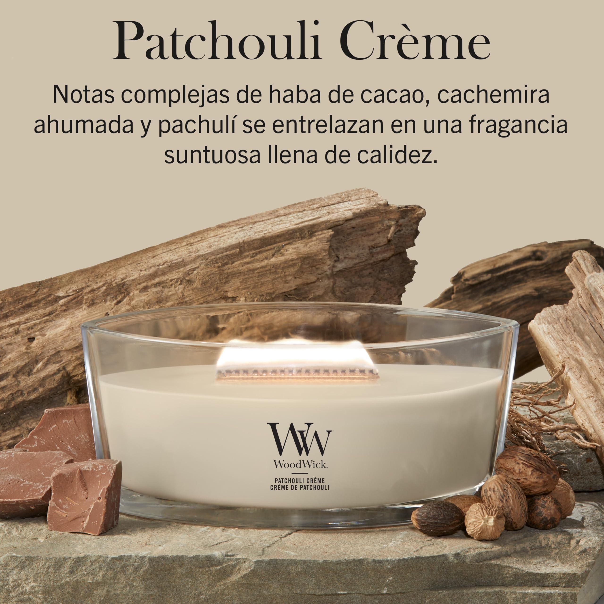 Woodwick Ellipse Vela perfumada con mecha crepitante | Patchouli Crème | Hasta 50 horas de duración | Regalos para mujeres