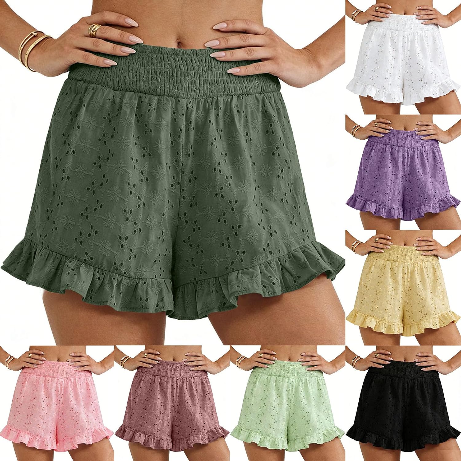 Women's Eyelet Cute Bermuda Shorts Smocked Waist Ruffle Trim Shorts High Elastic Summer Sweat Pant Casual Bottom