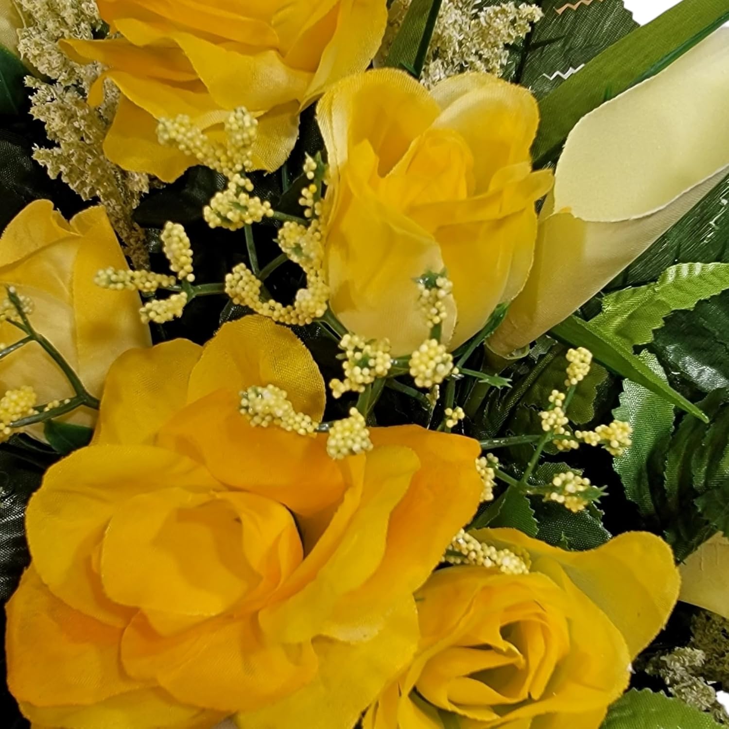 Realistic Artificial Cemetery Flowers - Silk Faux Floral Yellow Rose and Calla Lily - Headstone Saddle - Bouquet Pair for Grave - 3 Headstone Decorations - Memorial Flowers