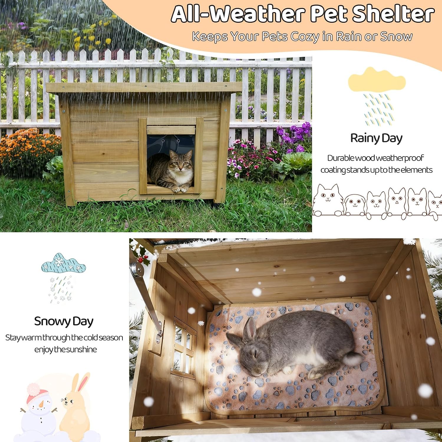 Outdoor Cat House, Weatherproof Wooden Pet House Shelter for Winter, Gray and White (Pure Yellow)