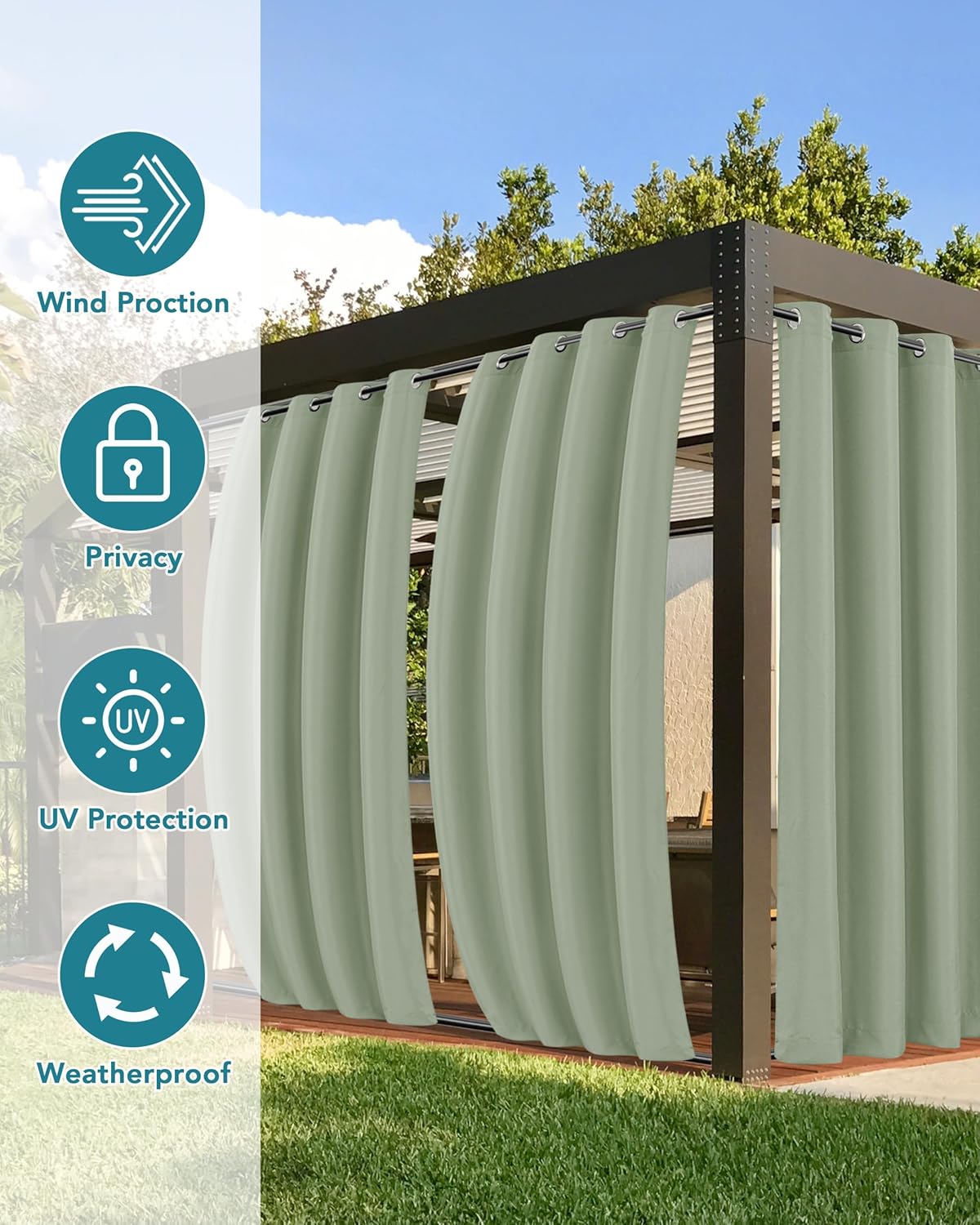 HolidayIdeas Outdoor Curtains for Patio Waterproof-4 Panels 54x84 Inch Windproof Weatherproof Privacy Sage Green Curtains-Grommet Top and Tab Bottom Drape for Gazebo, Porch, Pergola, Cabana, Backyard