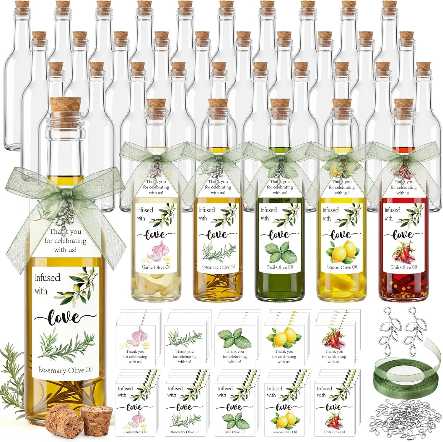 30 Set Mini Olive Oil Bottles with Stopper 3.4oz Glass Empty Bottles with Rosemary Garlic Basil Lemon Chili Blend Labels Stickers Reusable Containers for Kitchen Wedding Baby Shower Favors