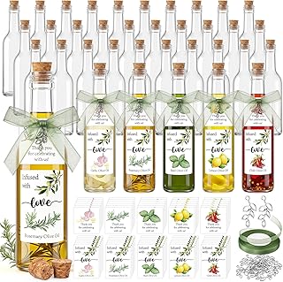 30 Set Mini Olive Oil Bottles Favors 3.4oz with Stopper | Small Glass Bottles with Labels Stickers Charms Ribbon, Reusable Empty Containers for Wedding Bridal Baby Shower Party Favors
