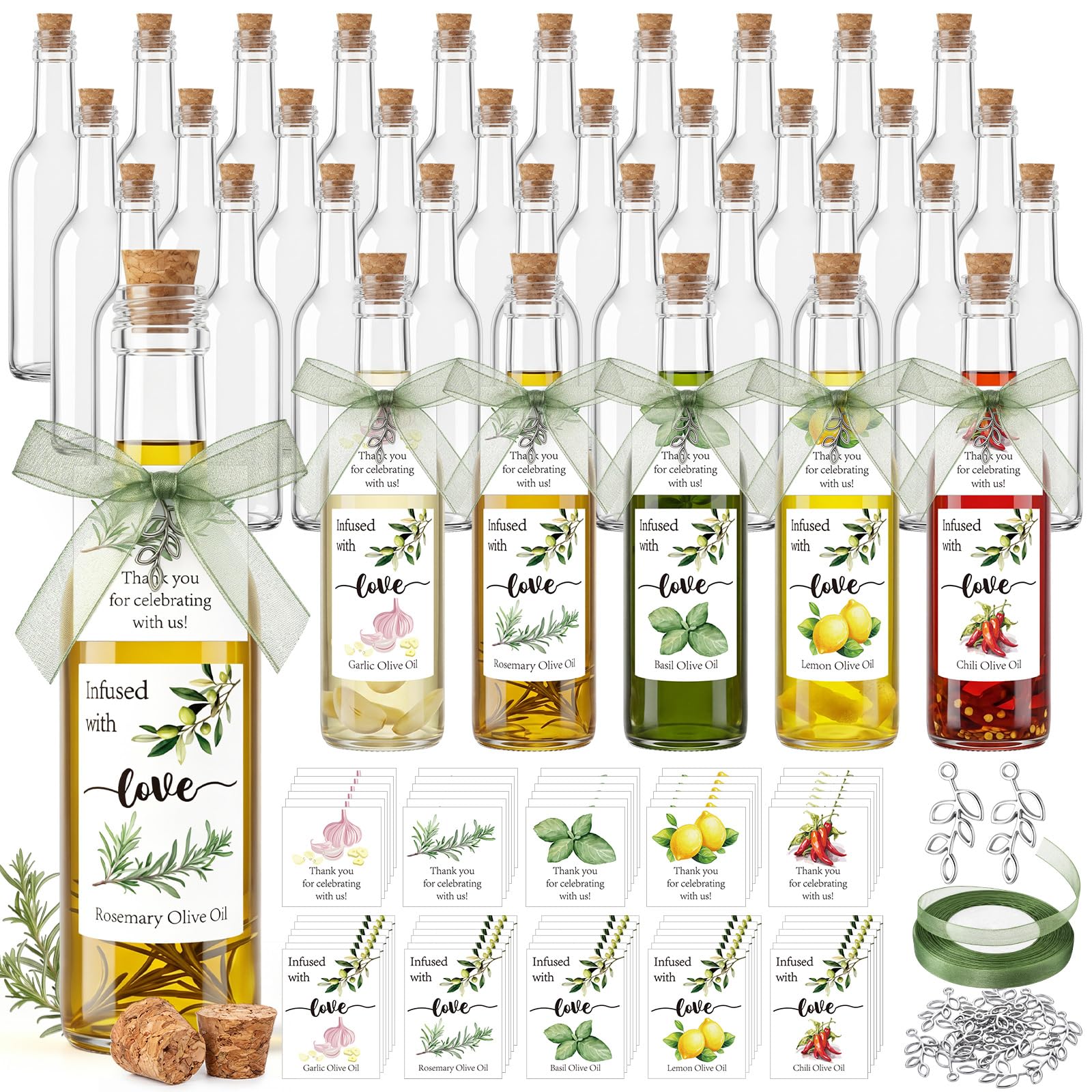 Photo 1 of Acellegic 30 Set Mini Olive Oil Bottles with Stopper 3.4oz Glass Empty Bottles with Rosemary Garlic Basil Lemon Chili Blend Labels Stickers Reusable Containers for Kitchen Wedding Baby Shower Favors