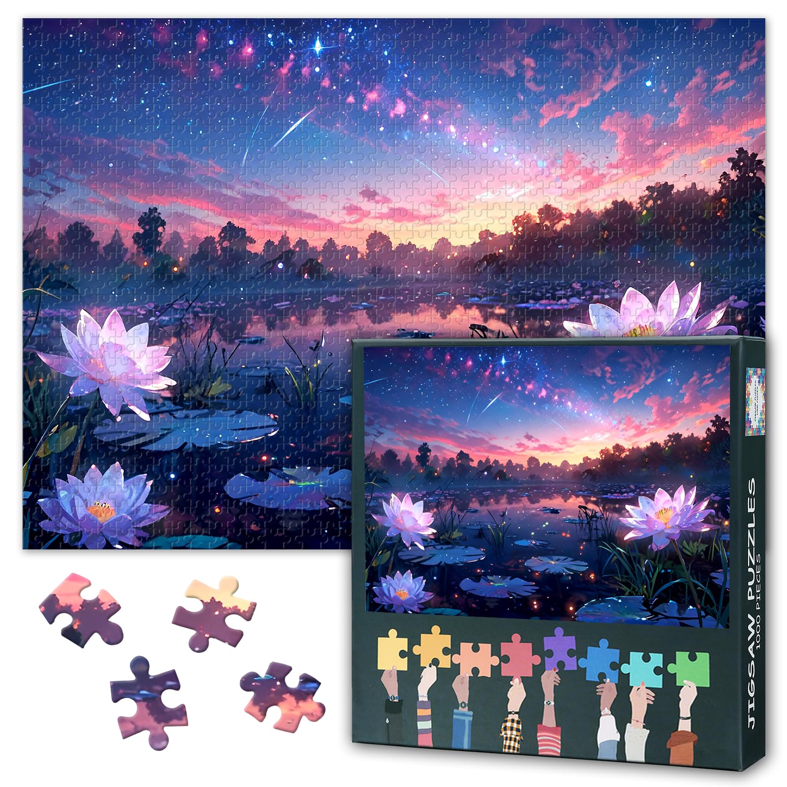 1000 Piece Puzzle for Adults, Shooting Star Streaked Across the Lotus Pond at Night Jigsaw Puzzles 1000 Pieces, Impossible Challenging Jigsaw Puzzles for Adults, 19.5 x 27.5 Inch