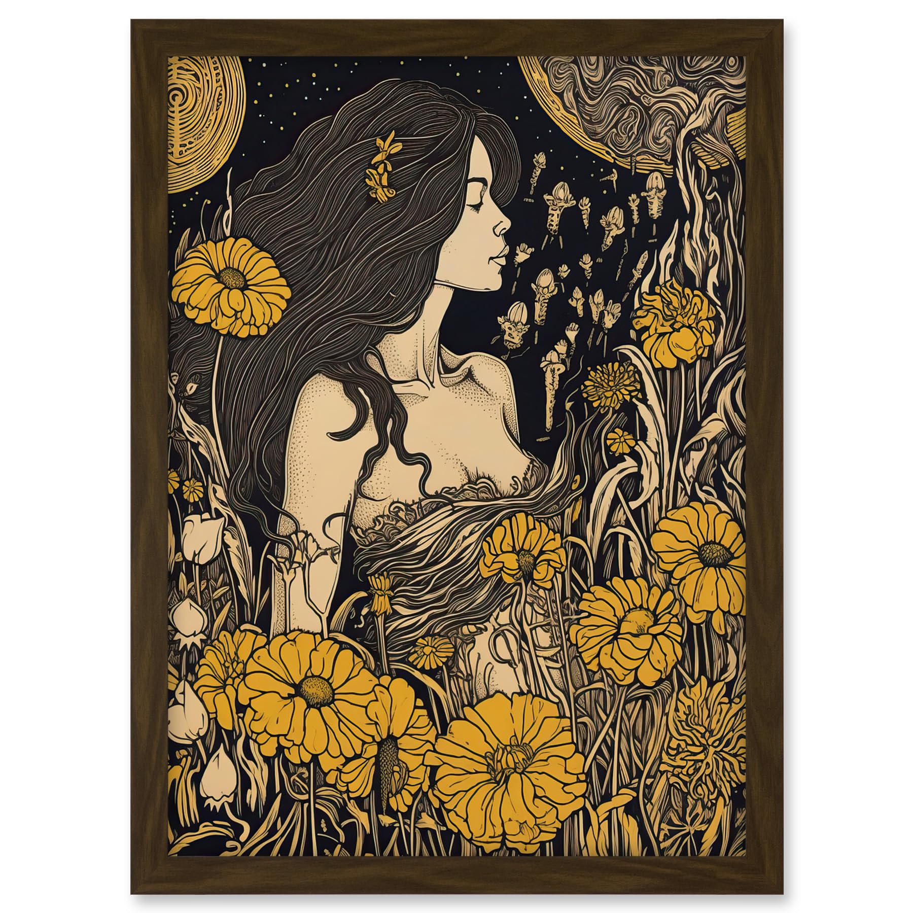 Artery8 Woman in Flower Field Midsummer Night Illustration Artwork Framed A3 Wall Art Print