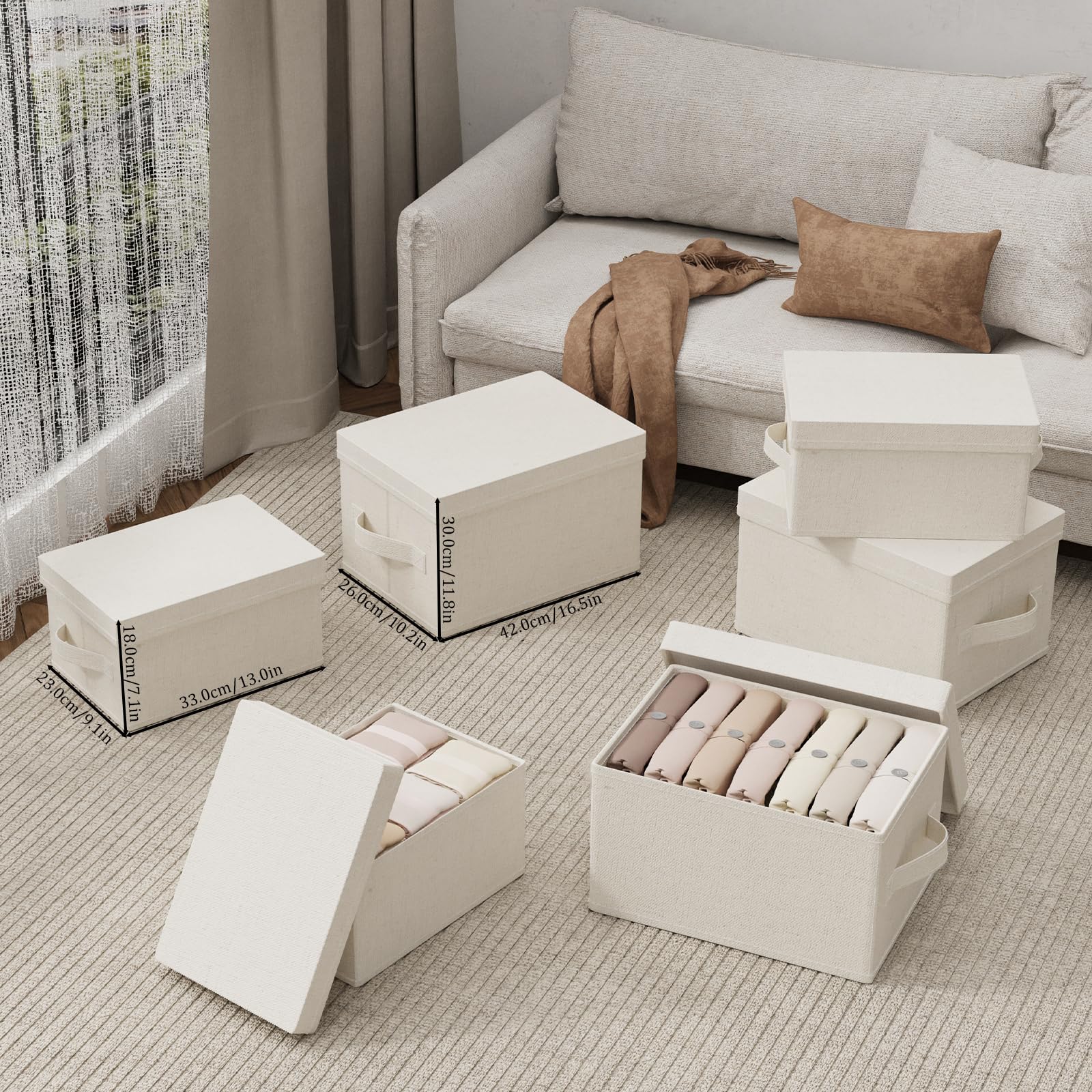 ENUMAIL 3er Scatole di Stoccaggio, Contenitore in Tessuto con Coperchio, Organizzatore di Vestiti con Maniglia, Utilizzato in Camera da Letto o Soggiorno, 33x23x18cm, Beige