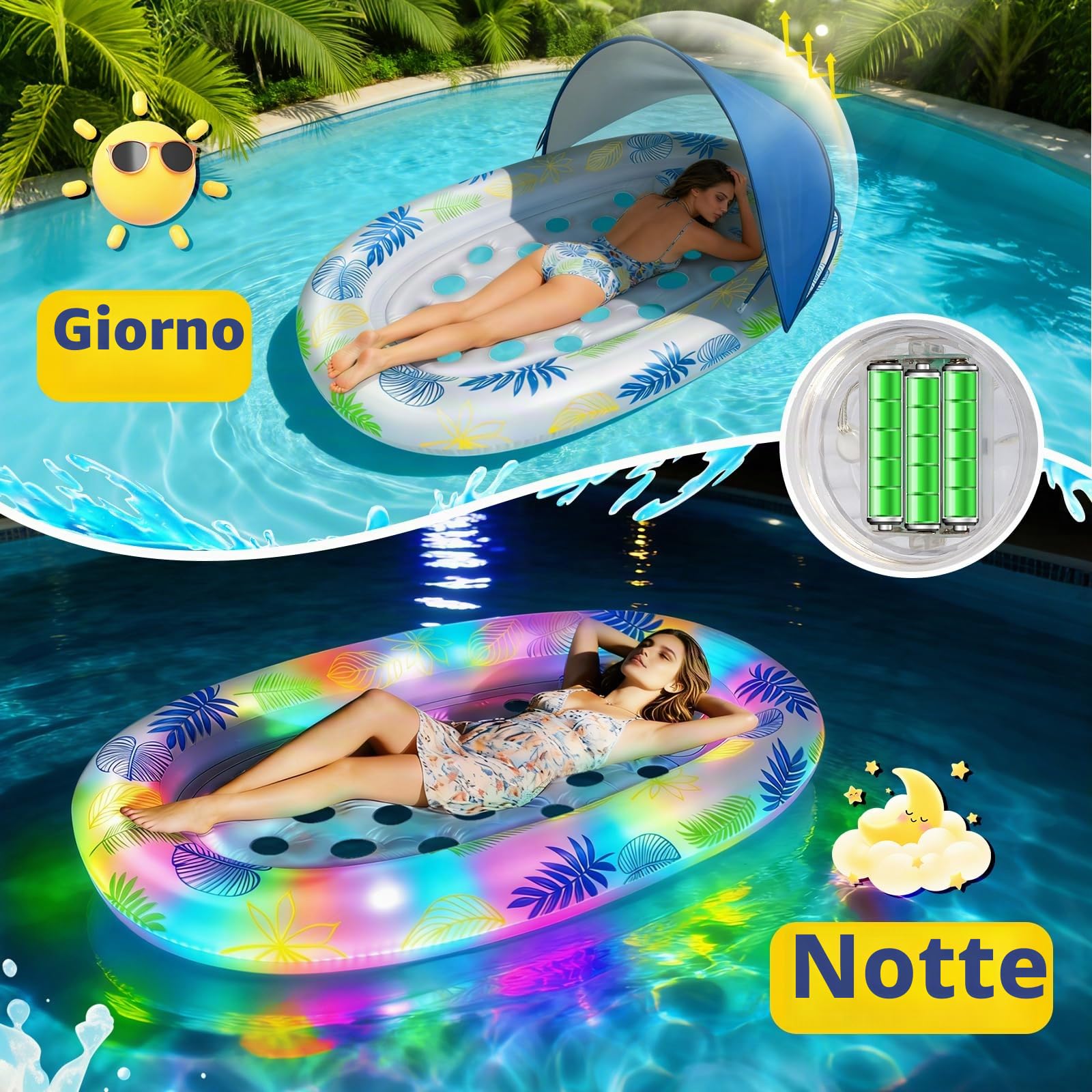 JONRRYIN Materassino Gonfiabile Piscina 180×110cm, Lettino Abbronzante per Adulti con Tettuccio Parasole Rimovibile ed Effetti Luminosi per Piscina, Spiaggia e Lago