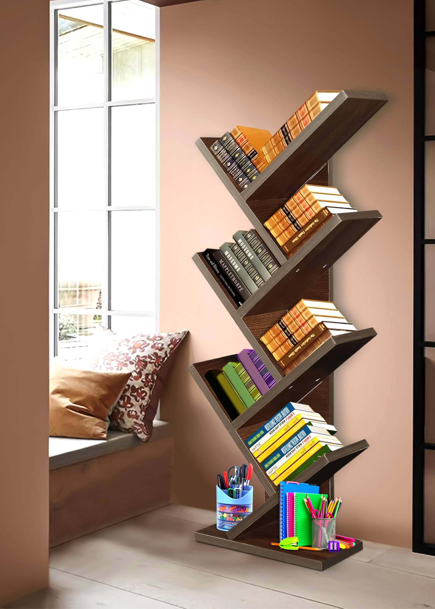 SBF Furniture Modern Tree Shape Wood Bookcase, 7-Tier Book Rack, Storage Rack Shelves in Living Room, Free-Standing Books Holder Organizer, Space Saver for Home, Office, Set of 1 (Brown)(DIY) 1
