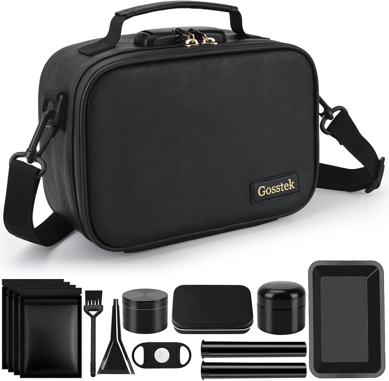 PU Leather Smell Proof Bag with 10 Accessories, Multi-Use Storage Box Case with Shoulder Strap, Great Gift for Women, Childproof Organizers Container, 9 X 6 X 4 Inches,Medium