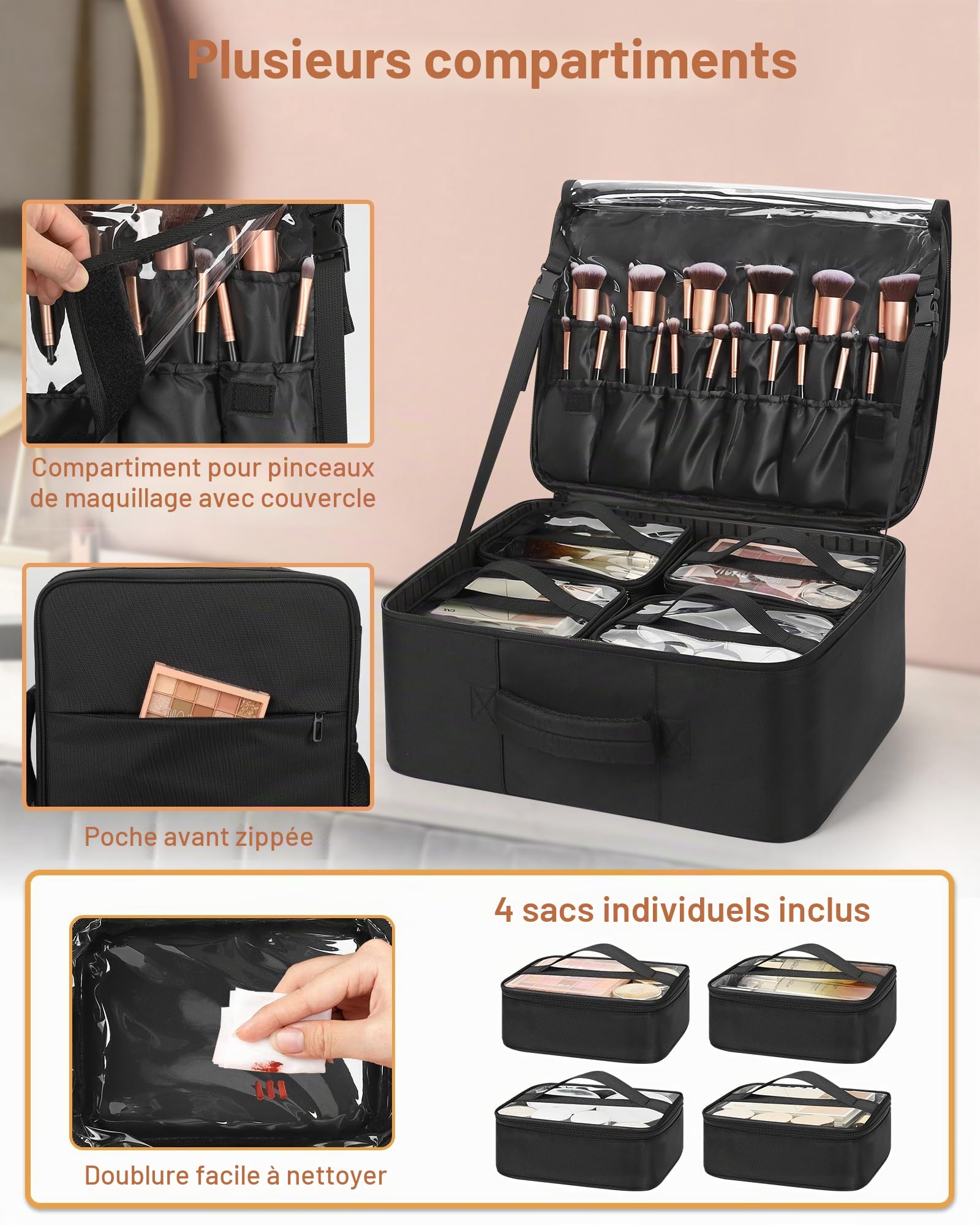 Relavel Sac à dos de maquillage XL professionnel de voyage pour artistes de maquillage – Avec 4 poches transparentes, boîte de rangement pour pinceaux avec séparateurs pour cosmétiques, outils de