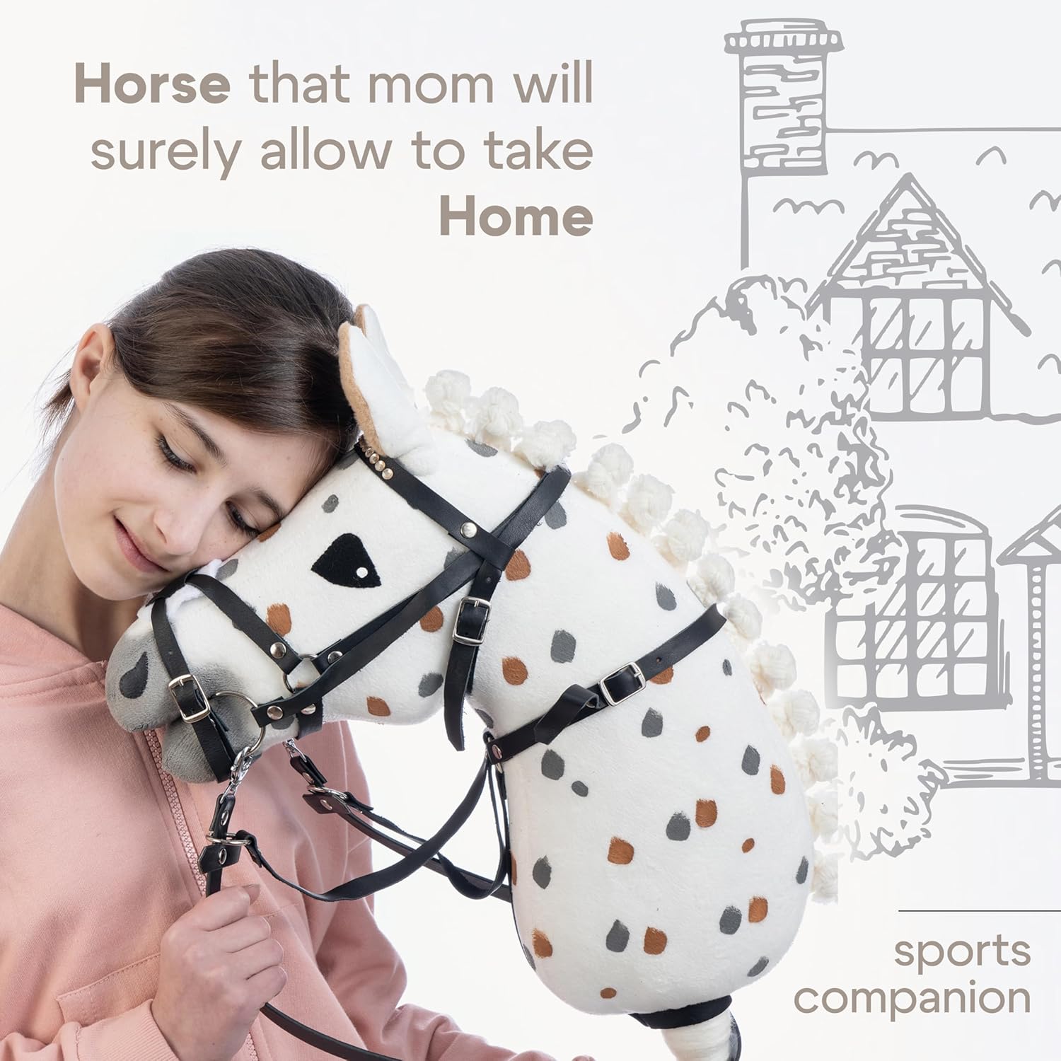 Hobbyhorse with Bridle | Realistic stickhorse | White Spotted Beauty