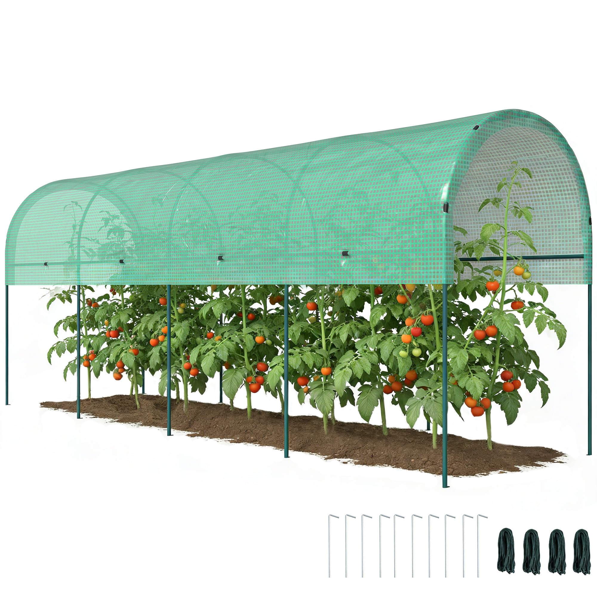 Outsunny Gewächshaus Winterfest Foliengewächshaus mit Bogendach, Erdanker Robuster Stalrahmen, Offenes Treibhaus zum Stecken, 400 x 120 x 170cm, Tomatenhaus für Tomaten, Gemüse, Pflanzen, Grün