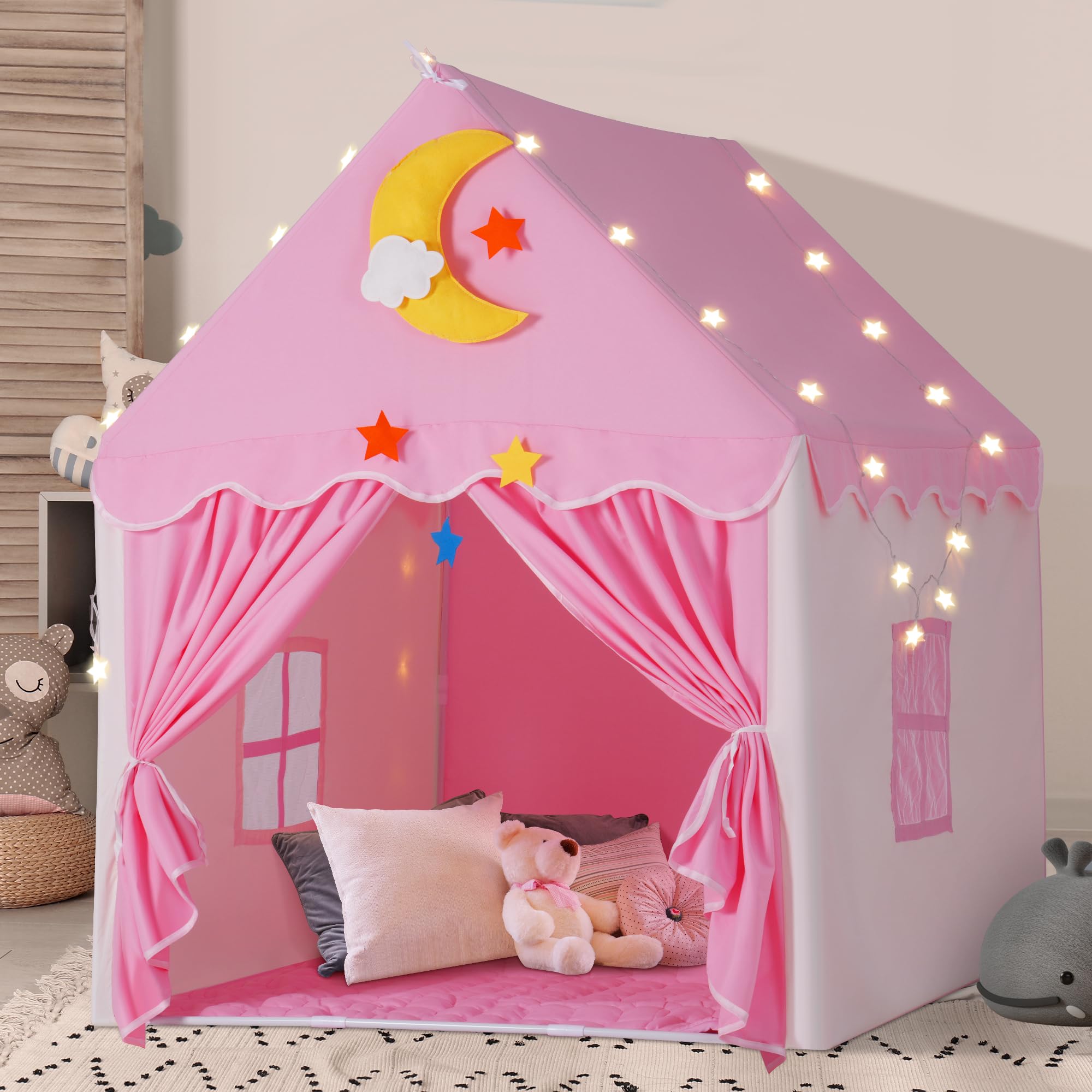 Kids Tent with Mat, Toddler Playhouse Girls Princess Castle Play Tent with Star Lights Toys for Children Indoor and Outdoor Games (Pink)