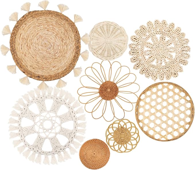Boho Wall Basket Decor Set of 8 - Flat Woven Basket Wall Ha…