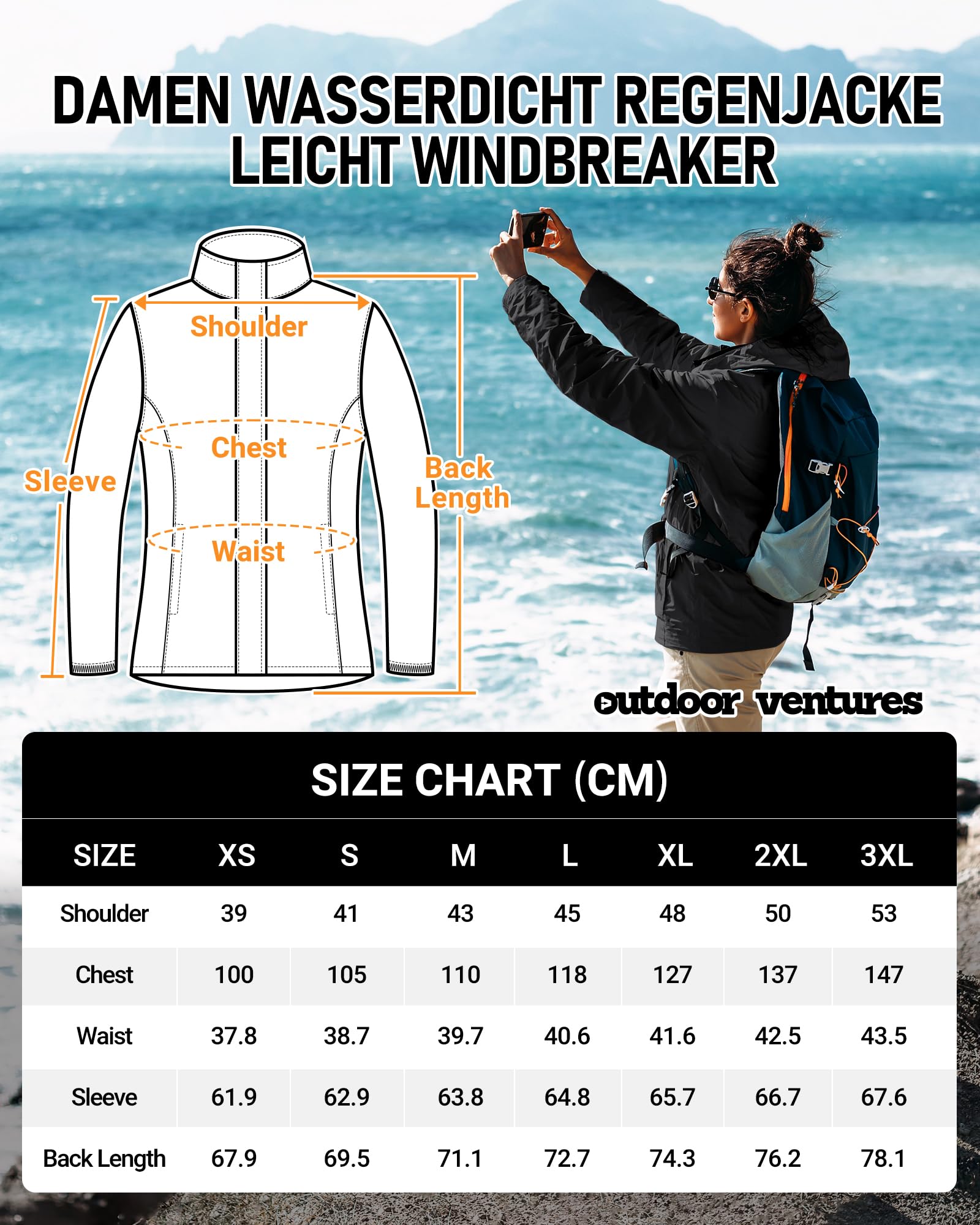 Outdoor Ventures Veste de pluie pour femme - Imperméable - Coupe-vent - Légère - Avec capuche - Pliable - Veste de cyclisme - Veste d'extérieur