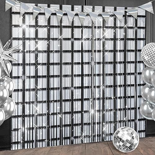 Decoraciones de fondo de fiesta de discoteca, paquete de 4 cortinas de flecos de aluminio negro y plateado para fiesta temática de discoteca, fondo