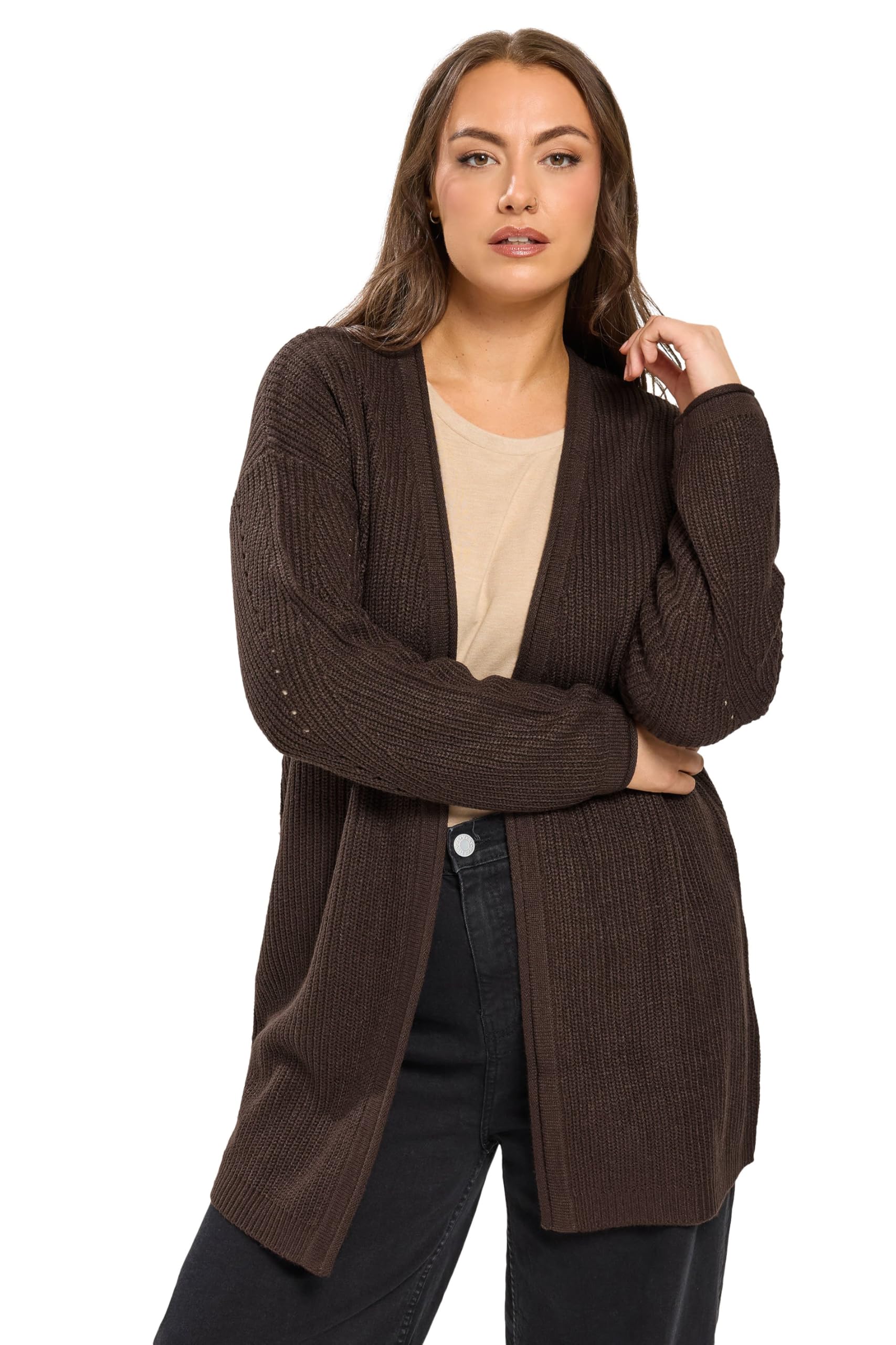 Yours Women's Chocolate Pointelle Chunky Knitted Cardigan In | Size: 26/28