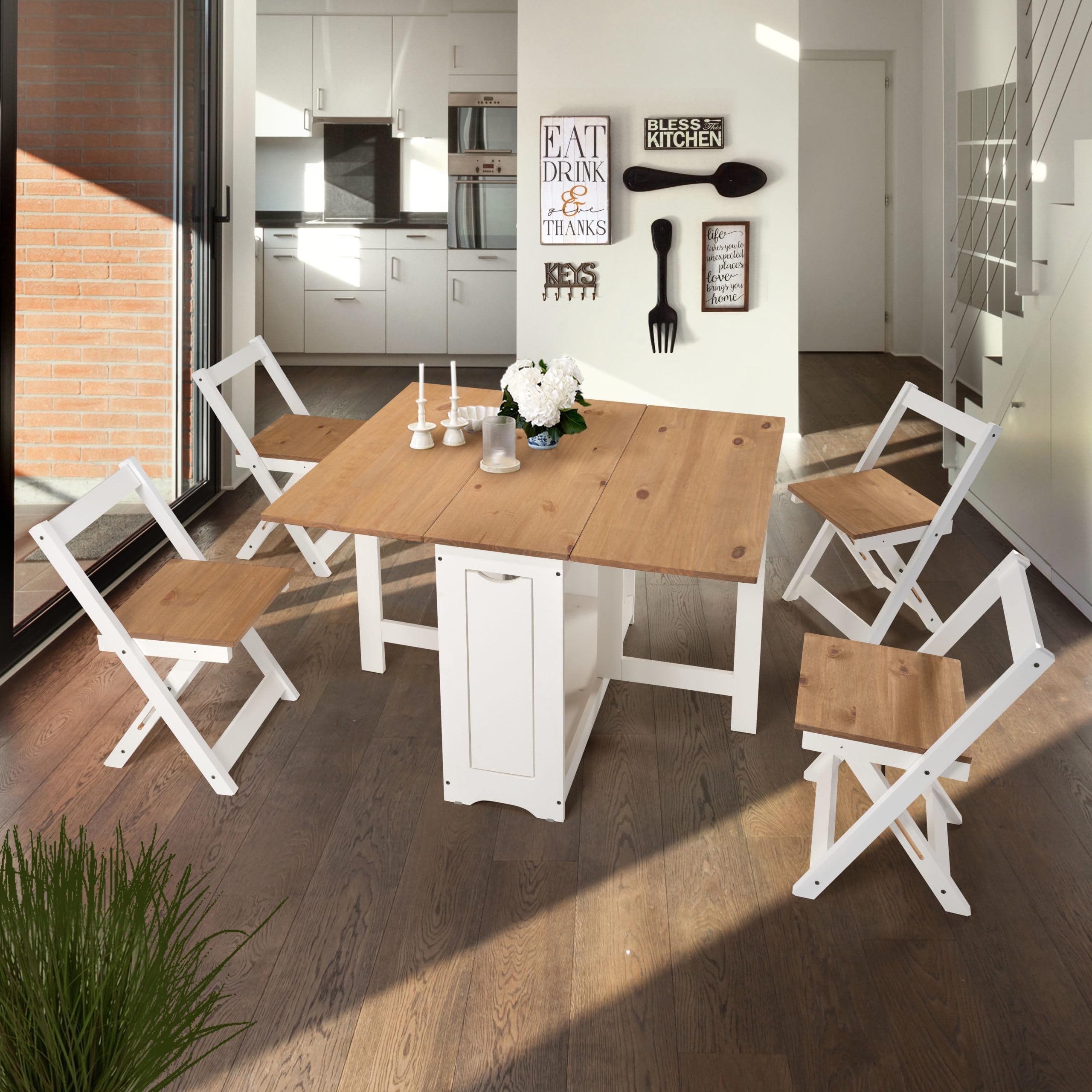 Ellingham Butterfly Dining Set with 4 Folding Chairs (Pine & White)