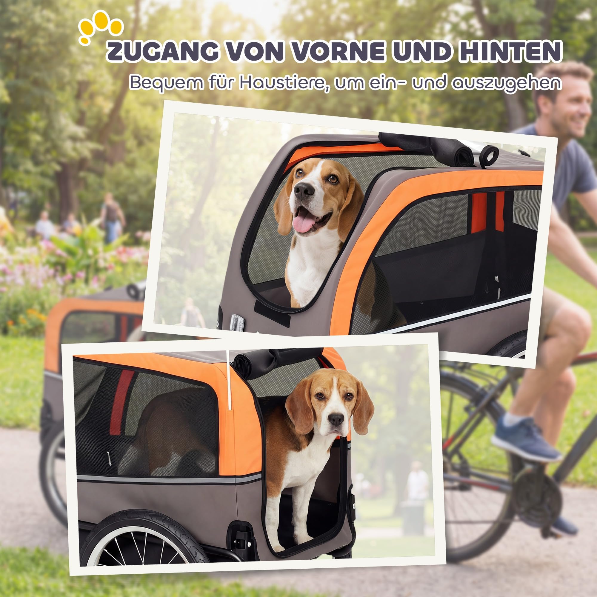 PawHut Hundeanhänger Faltbarer Fahrradanhänger mit Sicherheitsreflektoren 2 Türen Verstellbarer Leine Netzfenster tragbarer Hundefahrradanhänger aus 600D Oxford für Kleine Mittelgroße Hunde bis 20 kg