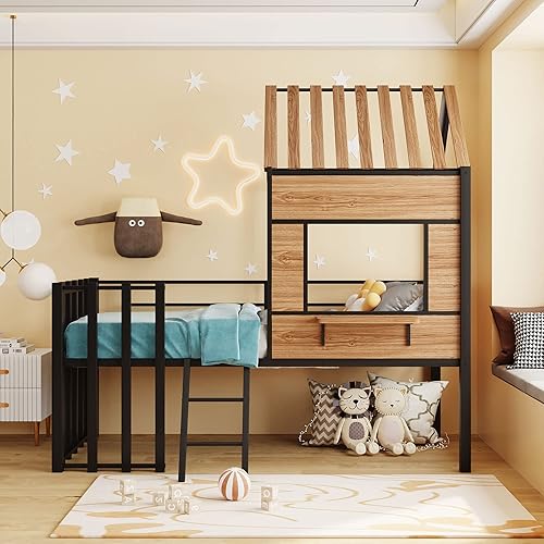Miniatura 3 de MERITLINE Cama de casa individual para niños, marco de metal, cama baja tipo loft, cama individual de plataforma con techo, no necesita somier, para