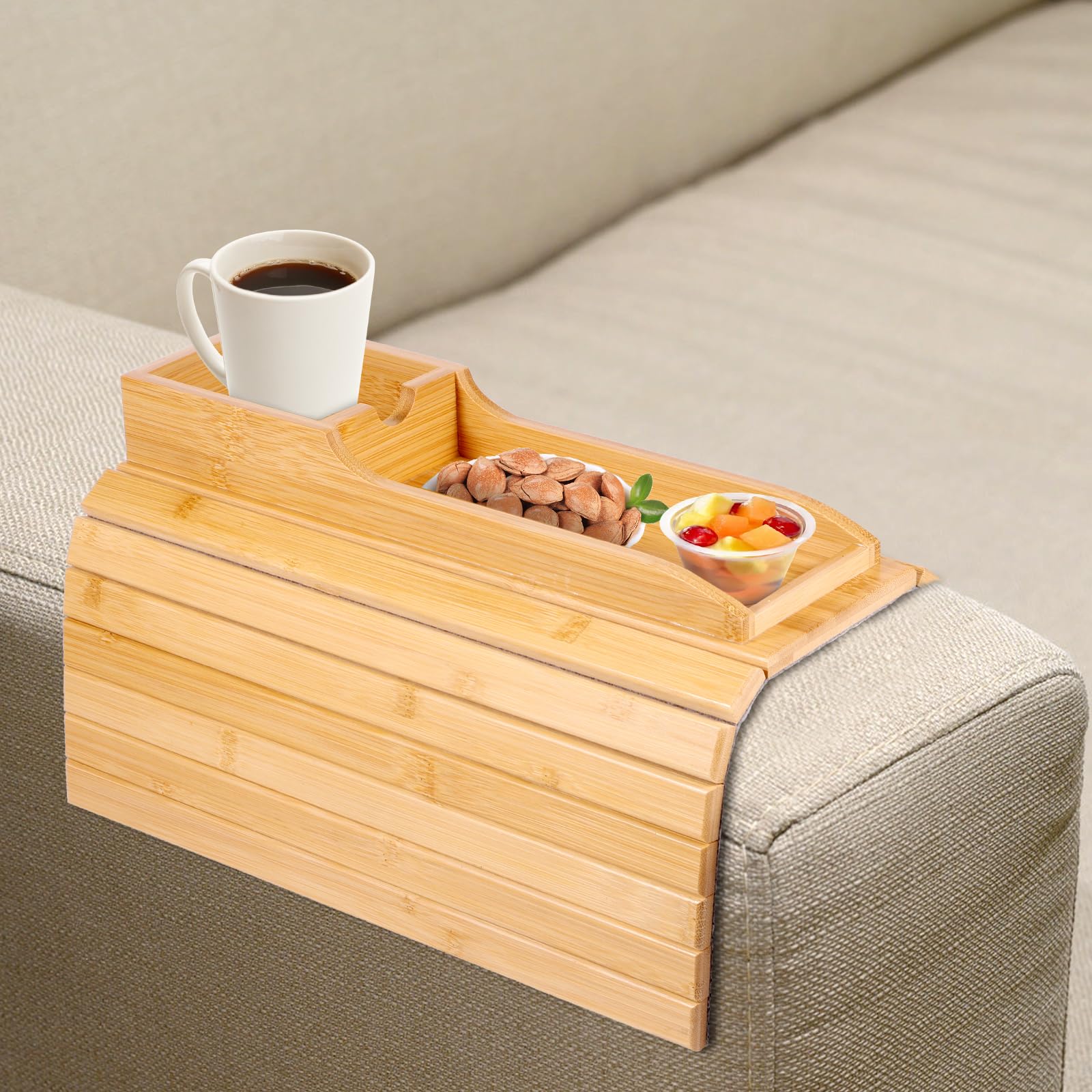 Nihuifdpy Style 1 Bamboo Sofa Arm Tray, Foldable Armchair Tray With Couch Cup Holder, 2 In 1 Anti-Slip Sofa Armchair Caddy Table For Remote Control, Drink, Snacks, Magazine(Style 1)