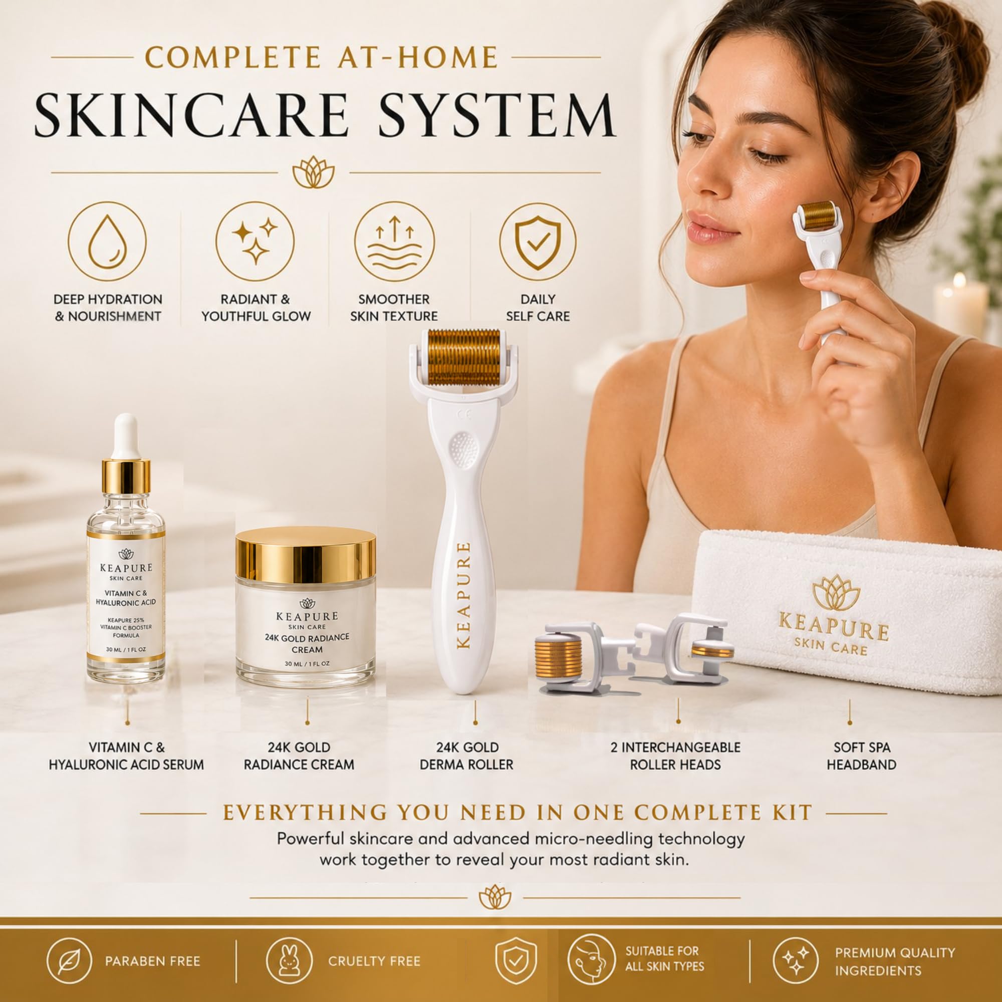 Derma Roller Kit for Face, Body, Stretch Marks - Skin Care Kit 540 Microneedle Roller Heads 180-Eyes, 600-Face,1200-Body | 30gm Moisturizing Cream and 25% Vitamin C Serum | Microneedling Roller Set