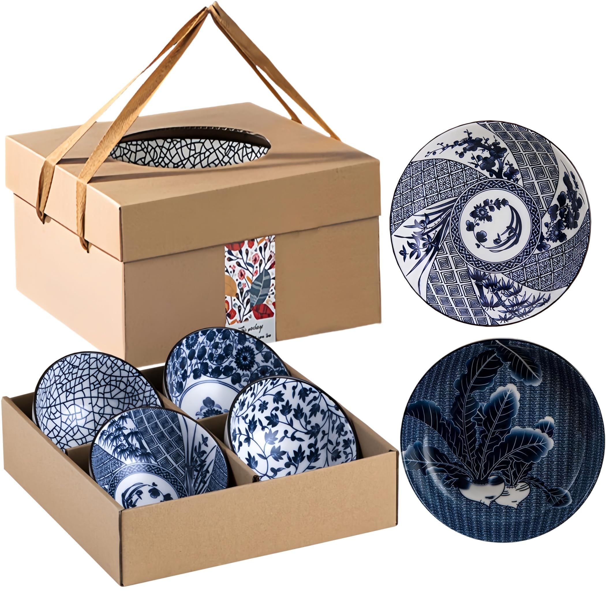 Japanese Style Ceramic Plates and Bowls Set, Rice Bowl with Gift Box Bowls Set Of 6, Porcelain Serving Bowl for Rice Soup