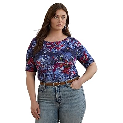 Lauren Ralph Lauren Plus Size Print Stretch Cotton Boatneck T Shirts Women