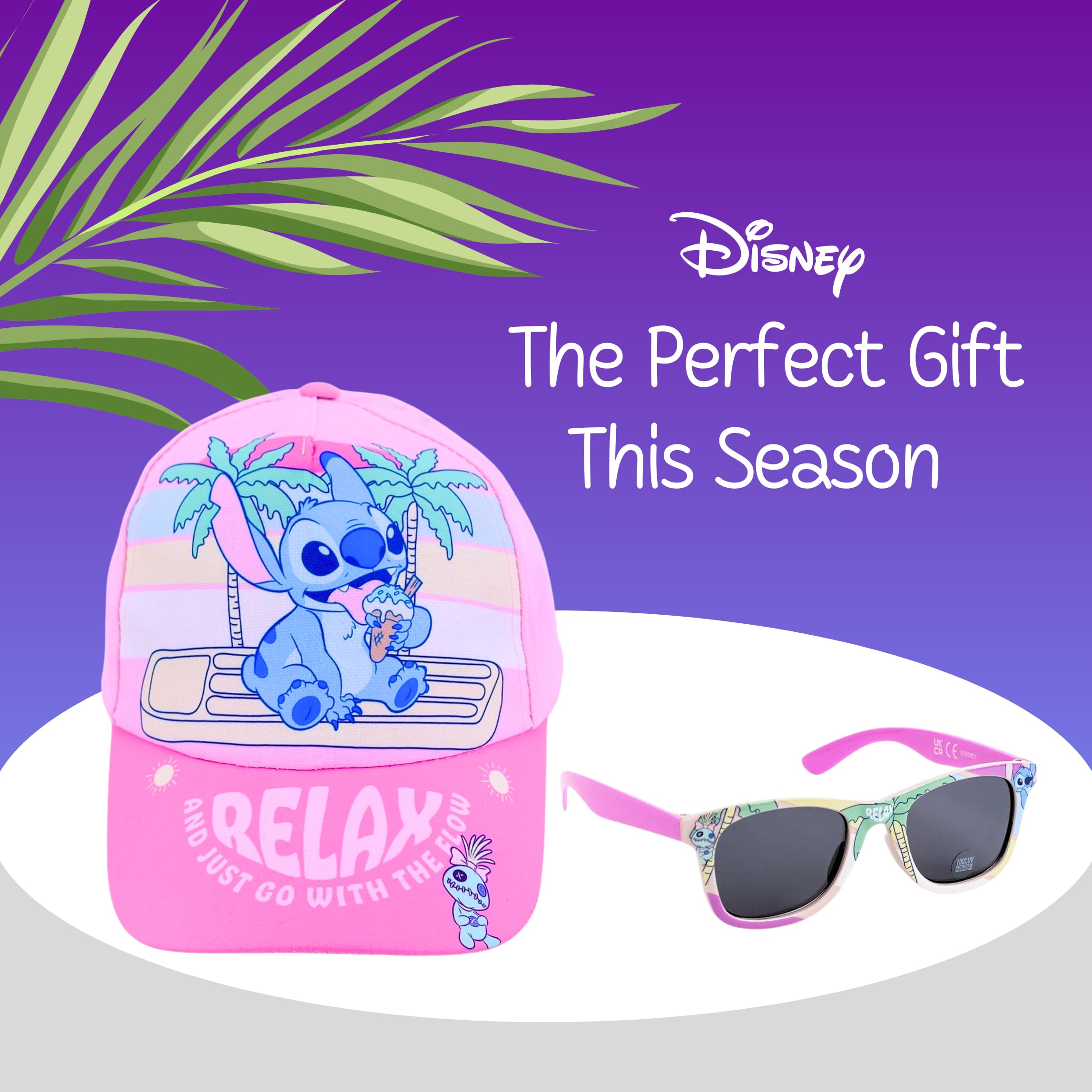 Disney Stitch Gorra y Gafas de Sol para Niñas, Gafas de Sol Protección UV, Gorra de Verano, Gorro de Beisbol Infantil