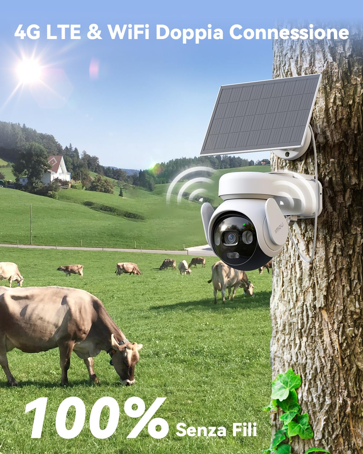 Imou 3K Telecamera Esterno 4G/Wi-Fi con Pannello Solare, 32GB SD/SIM Card | 5MP 360°, 2,4g, F1.0 Visione Notturna a Colori Aurora, AOV Registrazione 24/7, Rilevamento Umano/Veicoli, 10000mAh Batteria