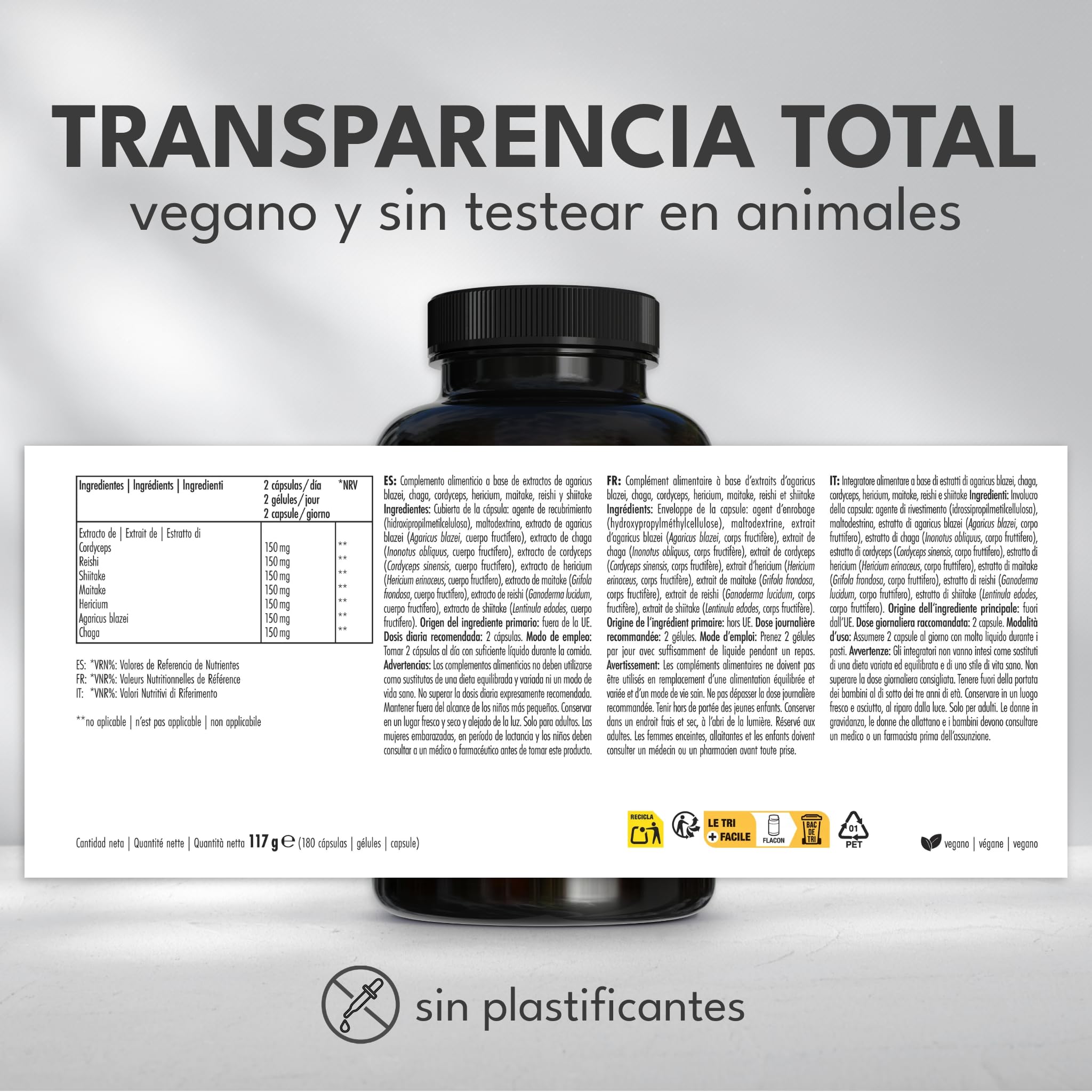 Green Naturals Complejo 7 Hongos Medicinales alta dosis – 1 050 mg/dosis (150 mg de Reishi, Cordyceps, Shiitake, Maitake, Hericium, Agaricus, Chaga) – vegano, sin aditivos – 180 cápsulas