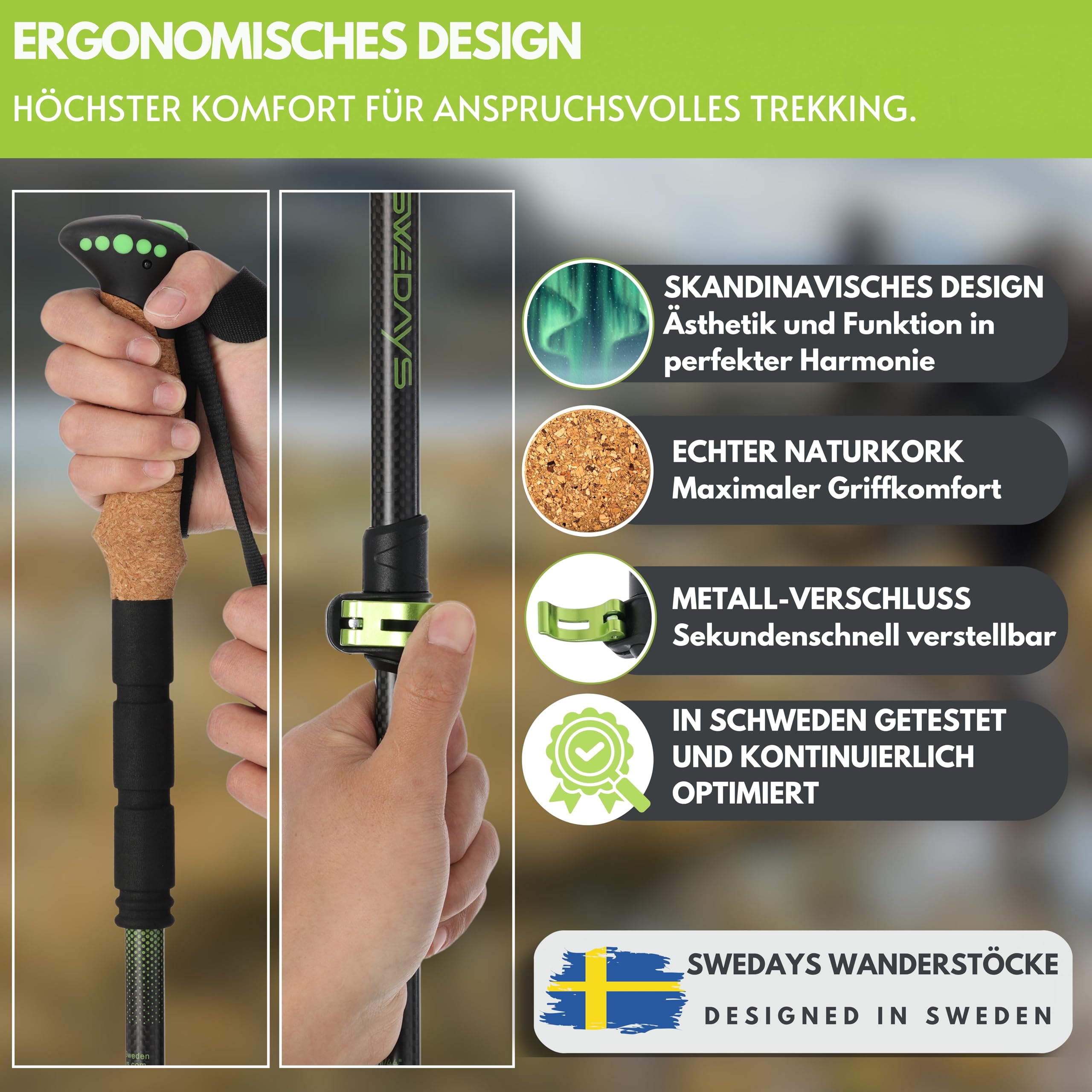 Wanderstöcke Teleskop Carbon & Alu mit Korkgriff für Damen & Herren | Leicht und VerstellbarNordic Walking & Trekkingstöcke für Wandern, Bergsport, Skitouren, mit Gummipuffern & Tasche.