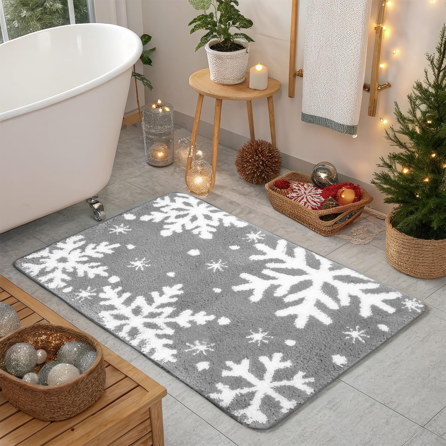 Snowflake Bathroom Rugs, Grey Christmas Soft Absorbent Bath Mat, Non Slip Xmas Winter Holiday Shower Mat for Bathroom Decorations, 20" x 32"