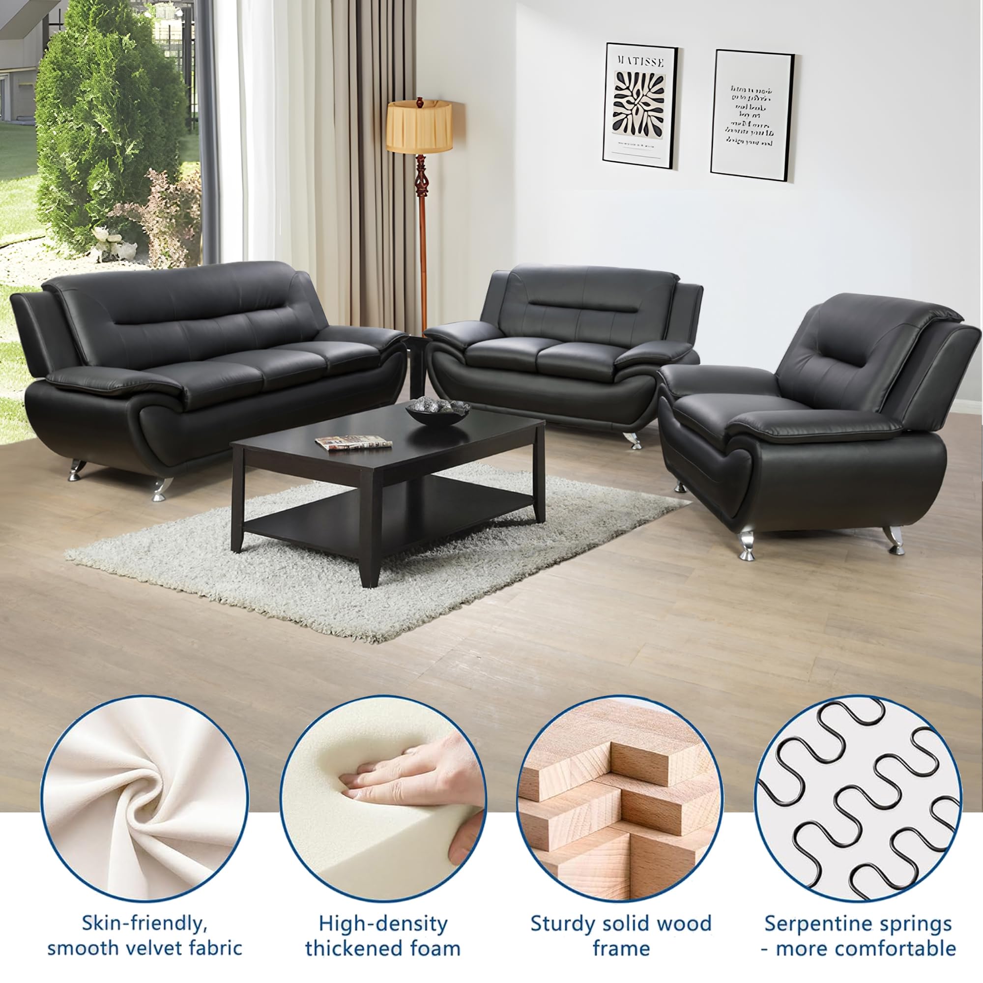 Couch Loveseat Set 3-Piece Faux Leather Living Room Set Sofa