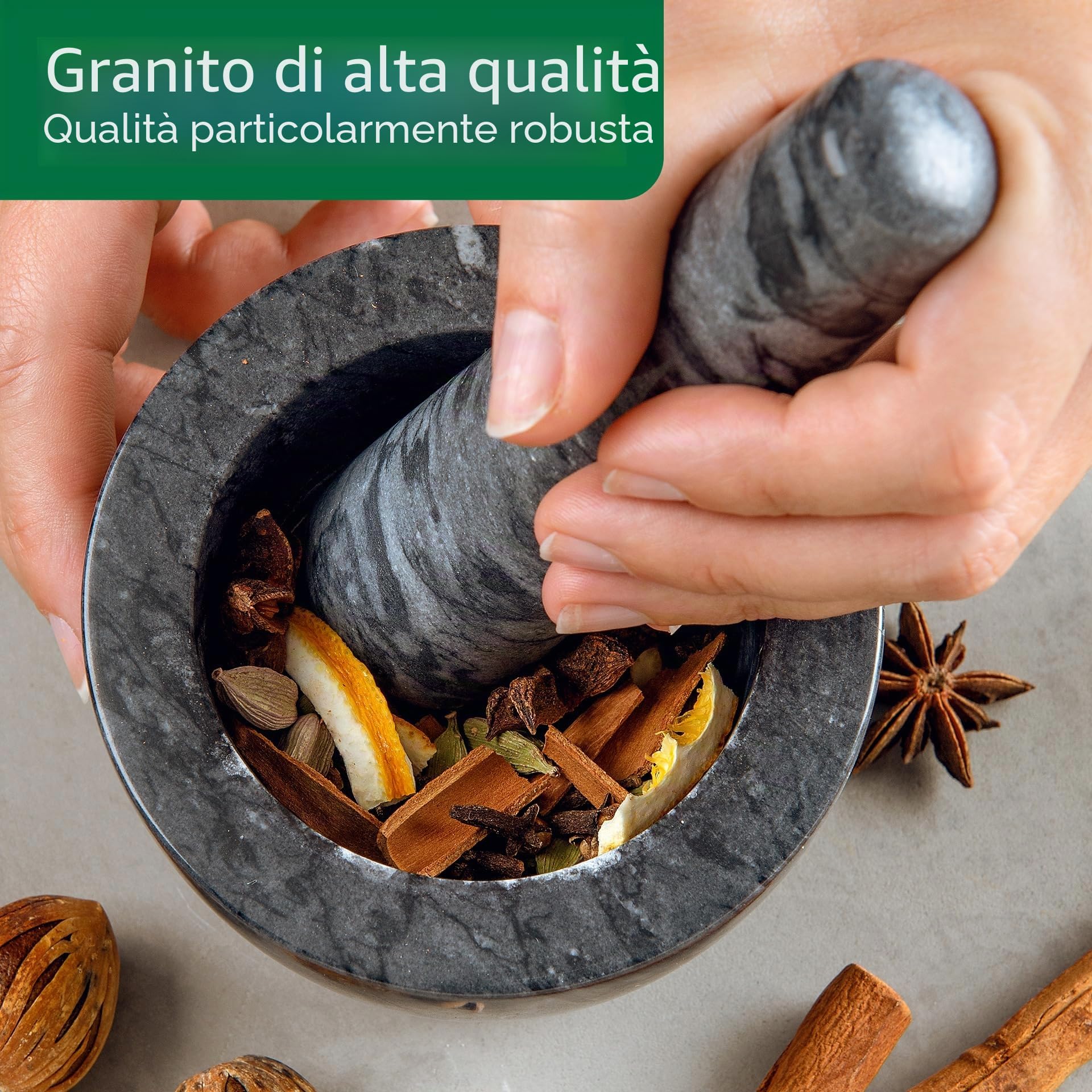 Chefkoch mortaio con pestello in granito – per coltivare, macinare e schiacciare – perfetto per erbe fresche e spezie – Dimensioni mortaio: circa 9,5 x 7 cm, pestello: circa 3,5 x 10,5 cm