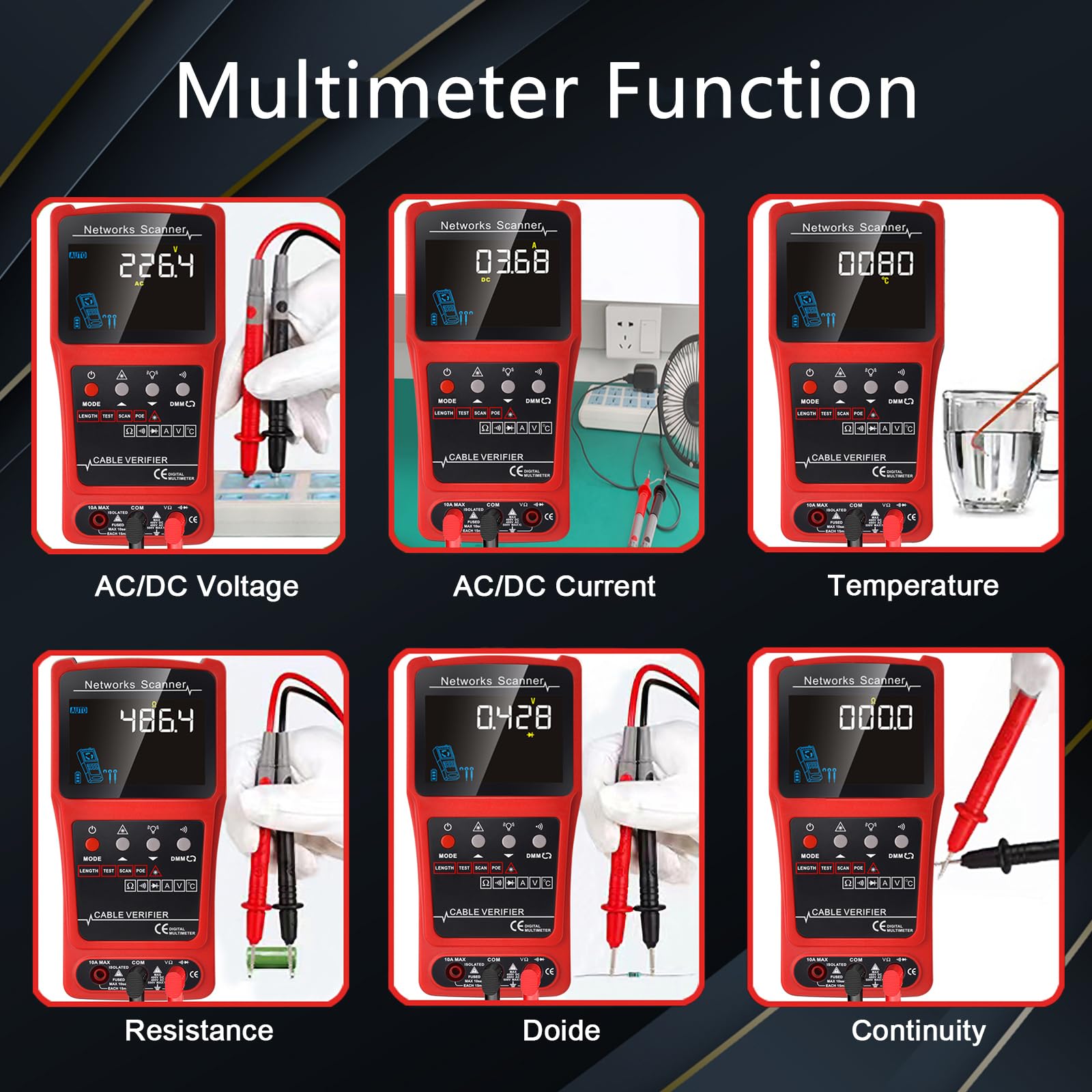Network Cable Tester Wire Tracker Tone Generator Ethernet Tester Multímetro VFL 3 en 1 RJ45 CAT5 CAT6 CAT7 CAT8 RJ11 Tone BNC Tester PoE Test Cable Length Cable