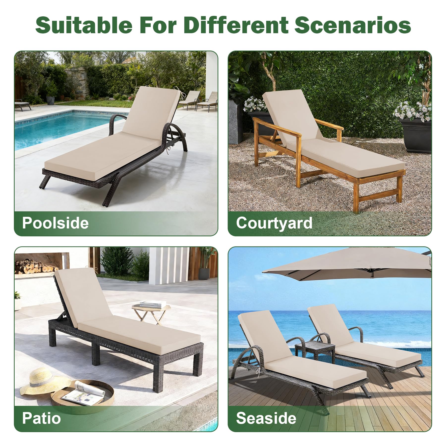 Condition photo showing New/Like New for chaise lounge cushions outdoor, 72x 21x 3 inch waterproof & fade-resistant lounge chair cushion, outdoor chaise cushion with removable cover & ties for lawn, patio, pool & beach, beige