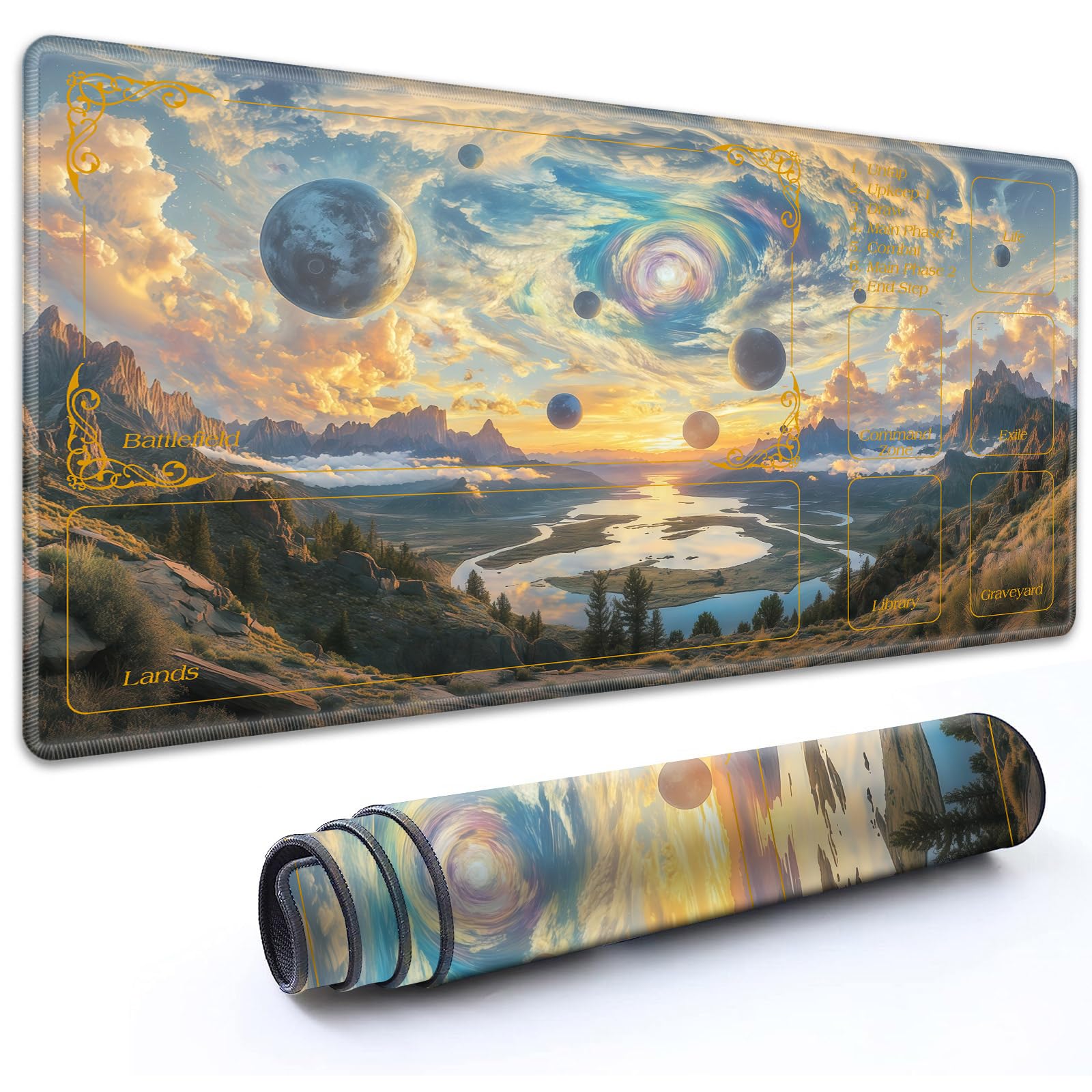 RMJKXQZG for MTG Playmat with Zones 24" x 14" with High Elastic Rubber Base Non-Slip Rubber Sole HD Printing for MTG Mat Magic Mat Card Playmat Mouse Pad, Mysterious Fantasy Landscape