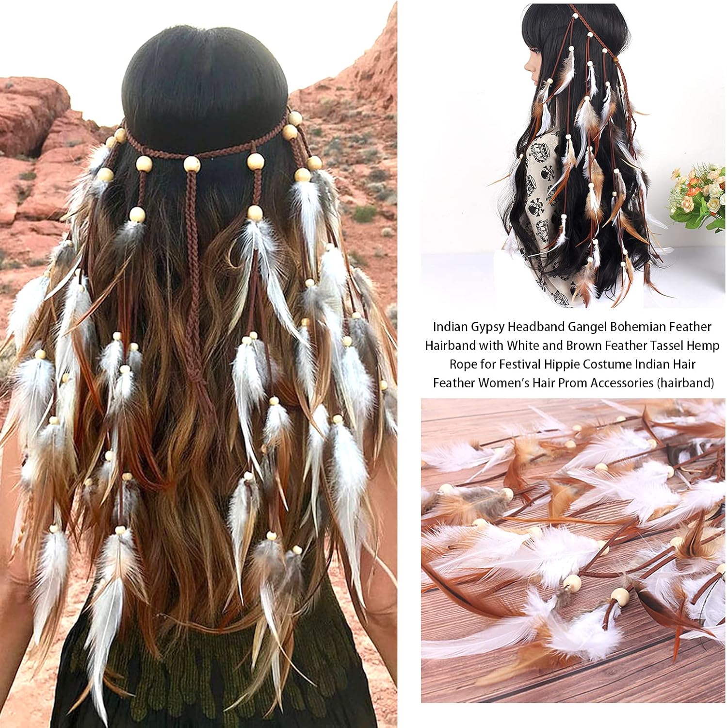 Miniatura 3 de Diadema gitana india, gangel, con plumas blancas y marrones, cuerda de cáñamo para festivales, disfraz hippie, plumas de pelo indio, accesorios de