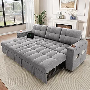 DWVO L-Shaped Sectional Sofa with USB & Chaise, 4-seat Fabric Convertible Couch Bed w/Pull Out Bed & Storage, Reversible Sleeper Sofa for Living Room, Light Gray